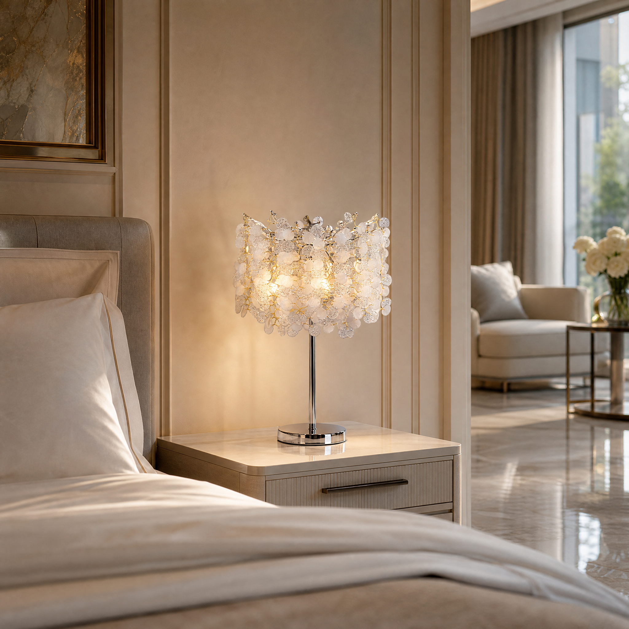 Vorelli Lunaria Table Lamp placed on a console table in a luxury residential living room, casting a warm and inviting glow.