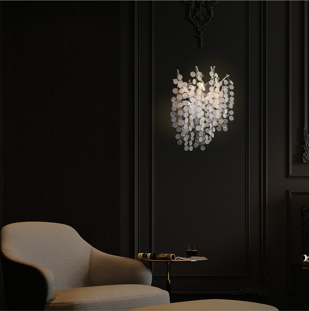 Lunaria Wall Light II styled in a luxury interior with cascading textured glass and ambient lighting