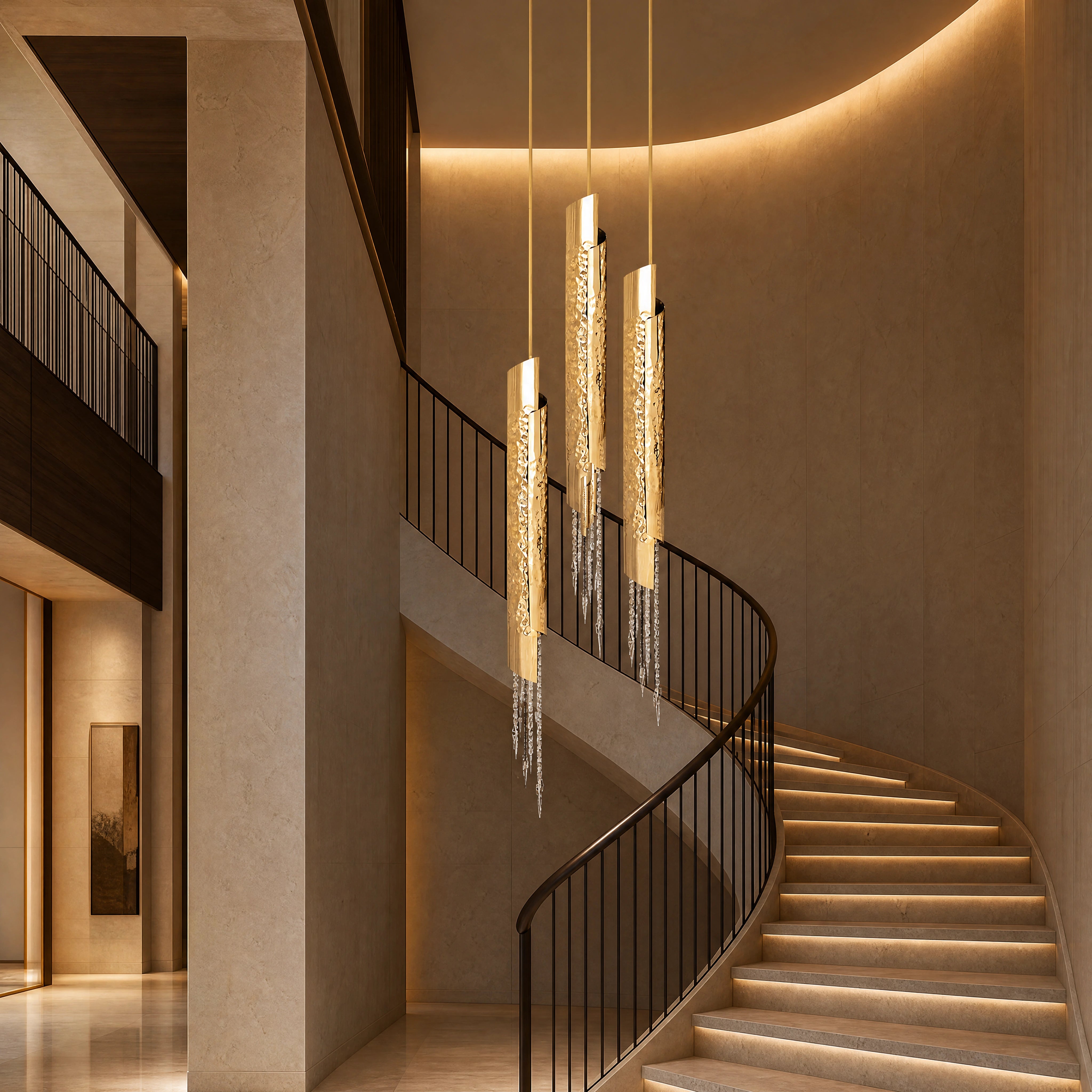 Avolto Pendant Staircase Chandelier UHNW private residence luxury lifestyle image by VORELLI