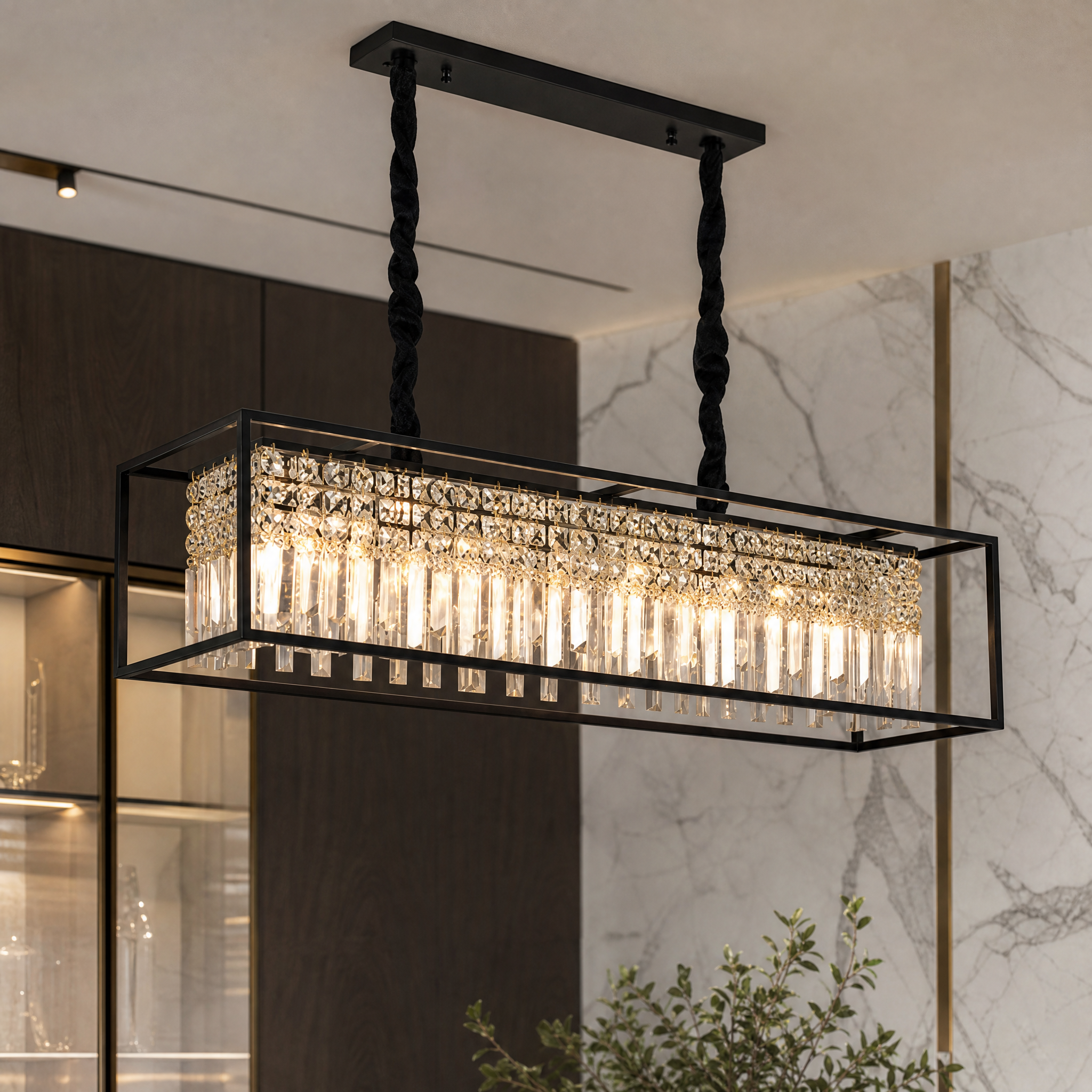 Macro close-up shot of the VORELLI Maddison Chandelier, highlighting the intricate diamond cut square crystals and linear cuboid frame structure.
