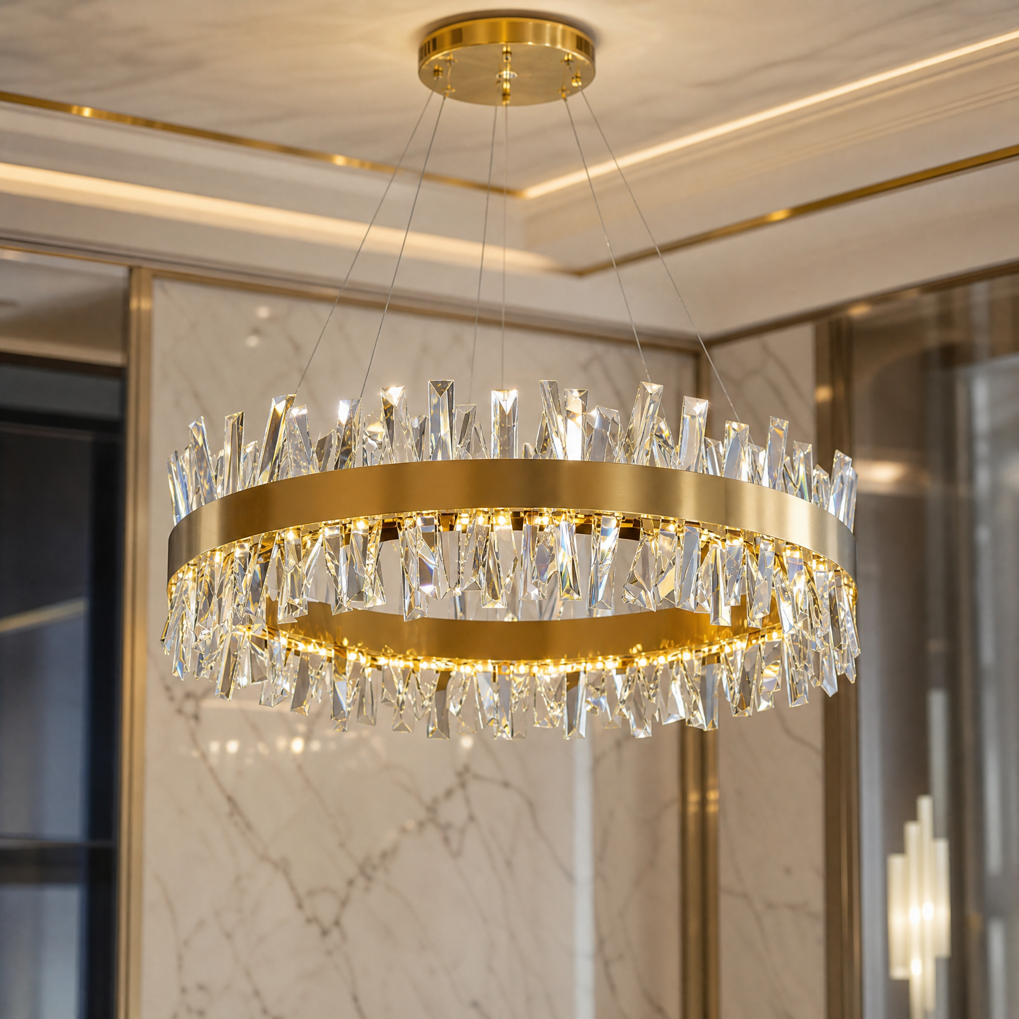 Macro view of the multi-angled crystal bars on the VORELLI Malahide Circular Chandelier showing light refraction.