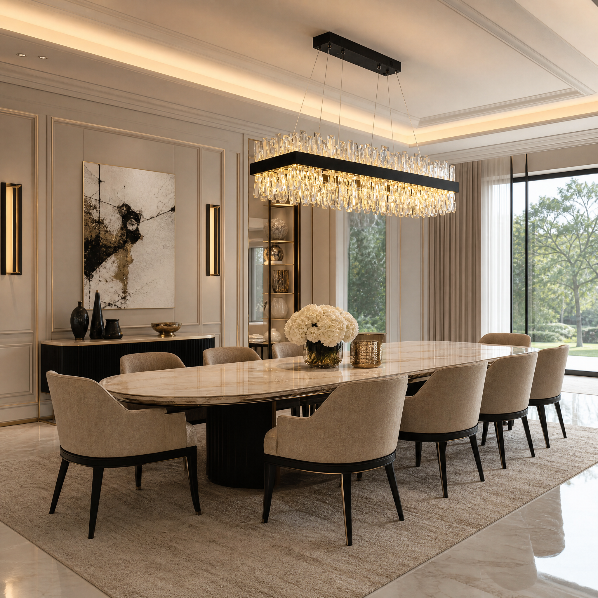 VORELLI Malahide rectangular crystal chandelier installed over a luxury dining table in a modern residential home.