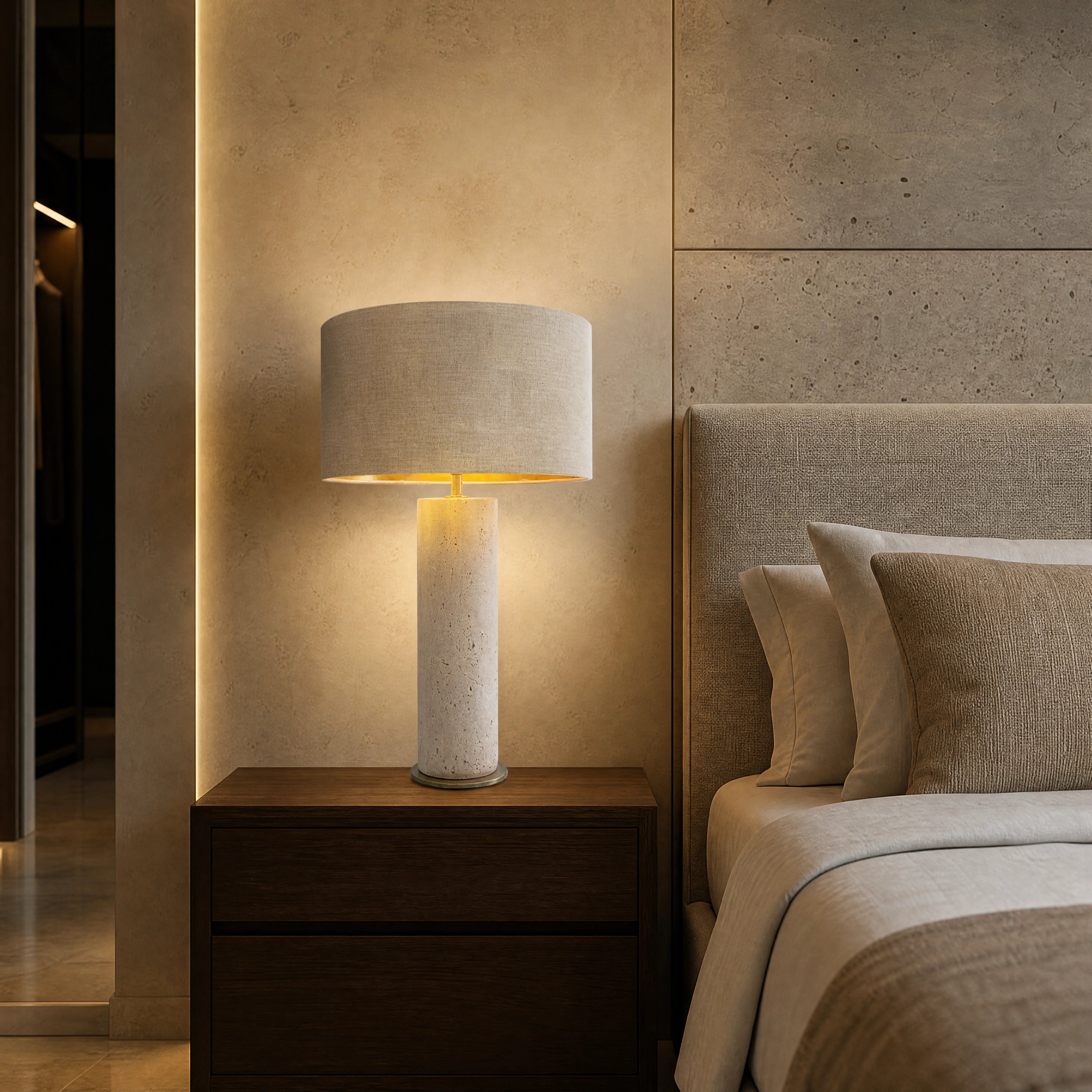 Maltera Travertine Vintage Brass Table Lamp UHNW private residence luxury lifestyle image by VORELLI