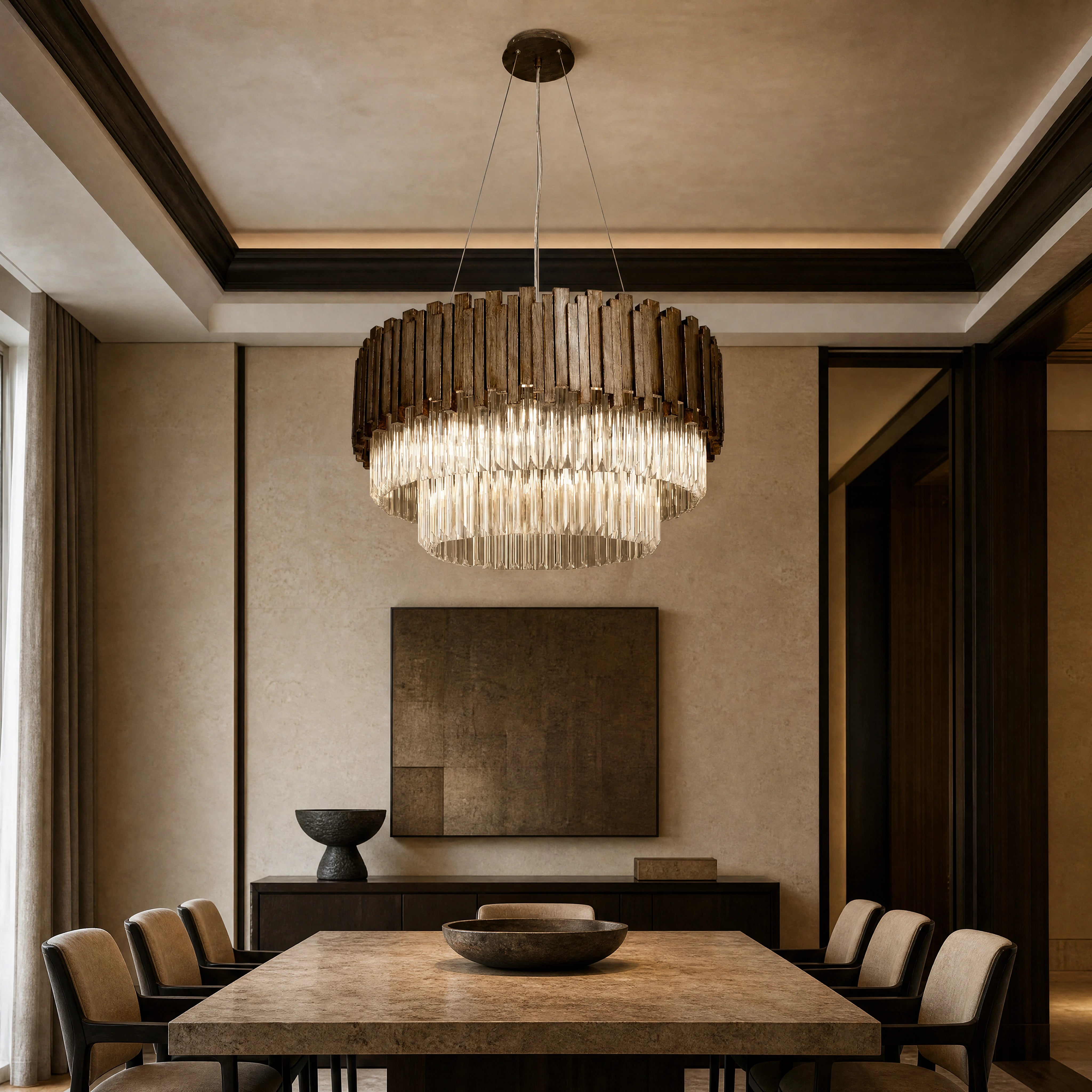 Malvera Antique Gold Three-Tier Chandelier UHNW private residence luxury lifestyle image by VORELLI