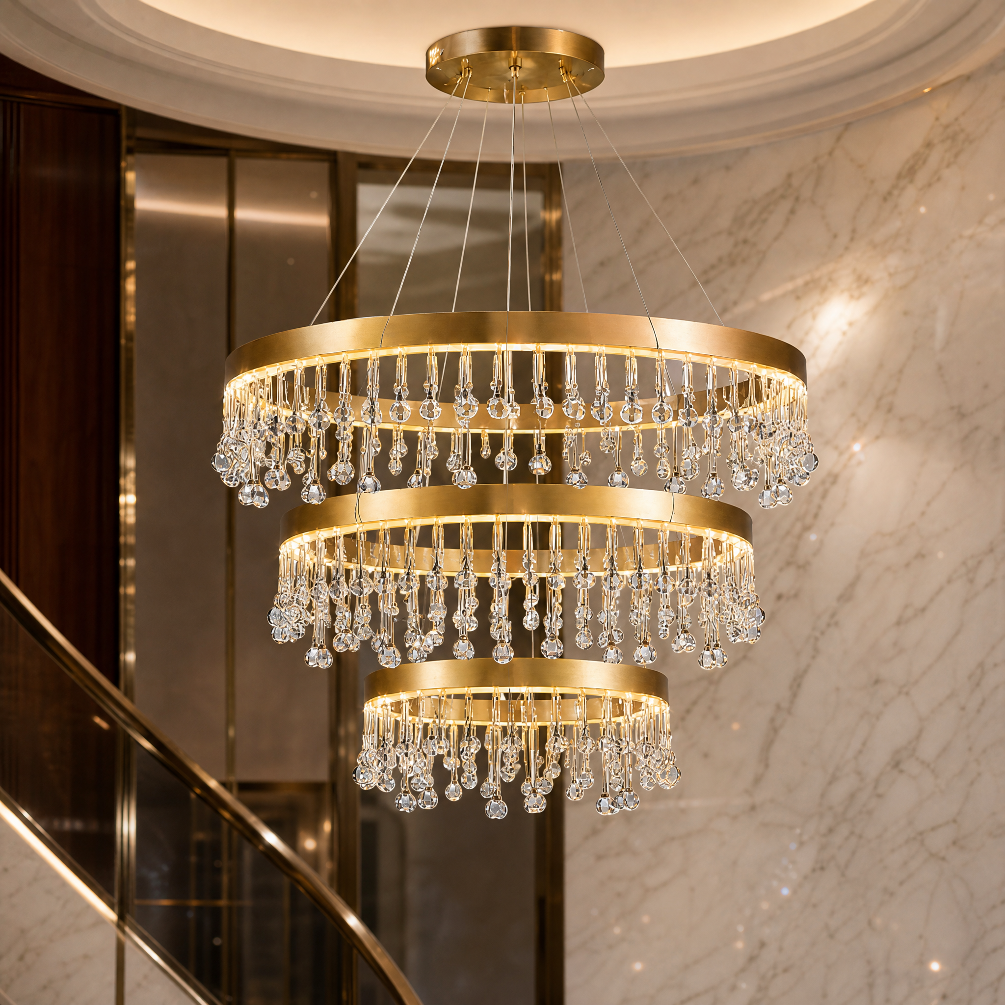 Detailed macro shot of the VORELLI Mancini chandelier showcasing the premium brushed stainless steel ring and delicate decorative crystal droplets.