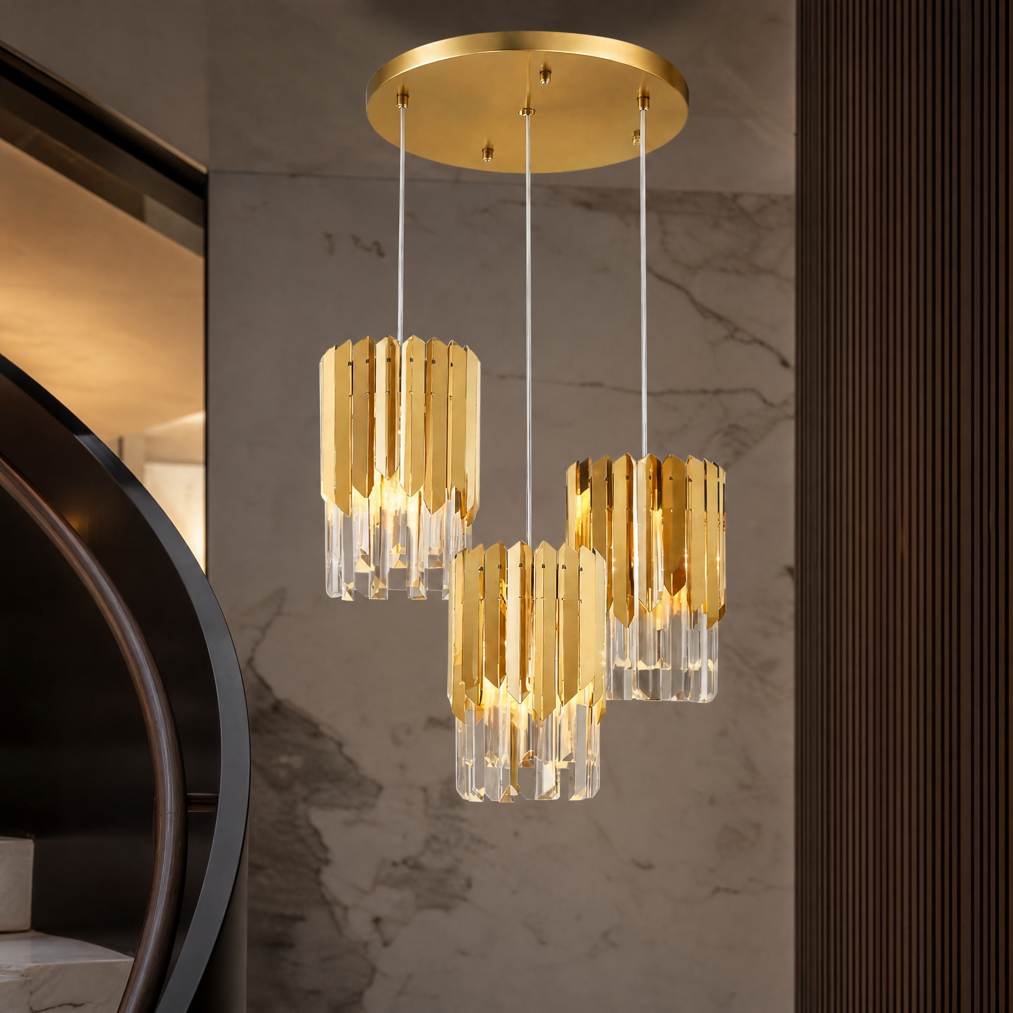 Macro view of the VORELLI Manhattan chandelier showing the premium metallic elements and shimmering crystal bars up close.