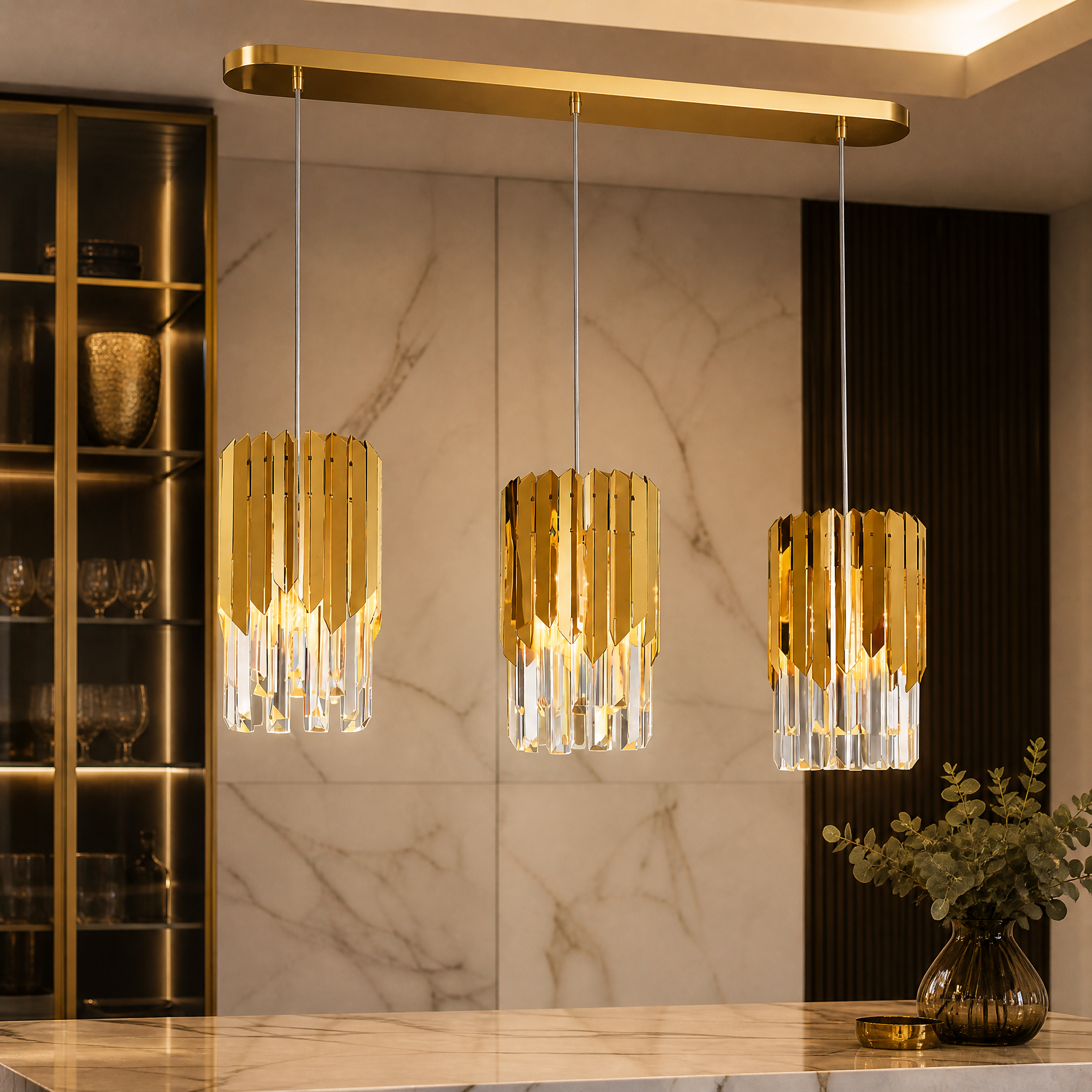 A detailed closeup of the shimmering crystal bars and elegant decorative frame on the VORELLI Manhattan Rectangular Chandelier II.