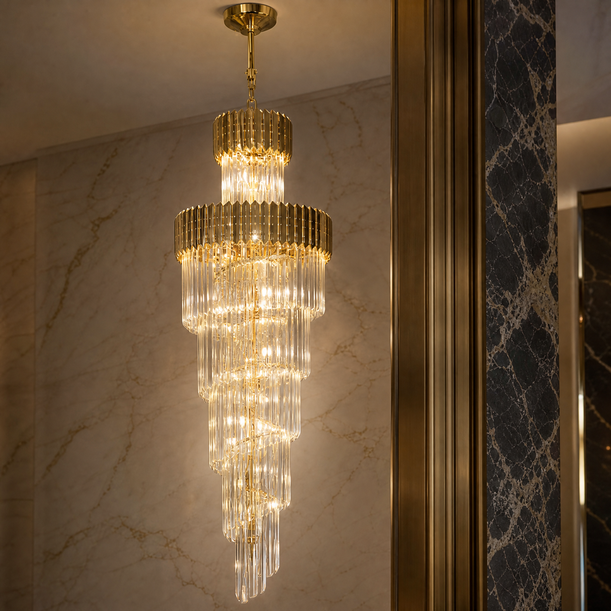 Detailed close-up shot showcasing the sleek crystal bars and hexagon frame of the Vorelli Manhattan staircase chandelier.