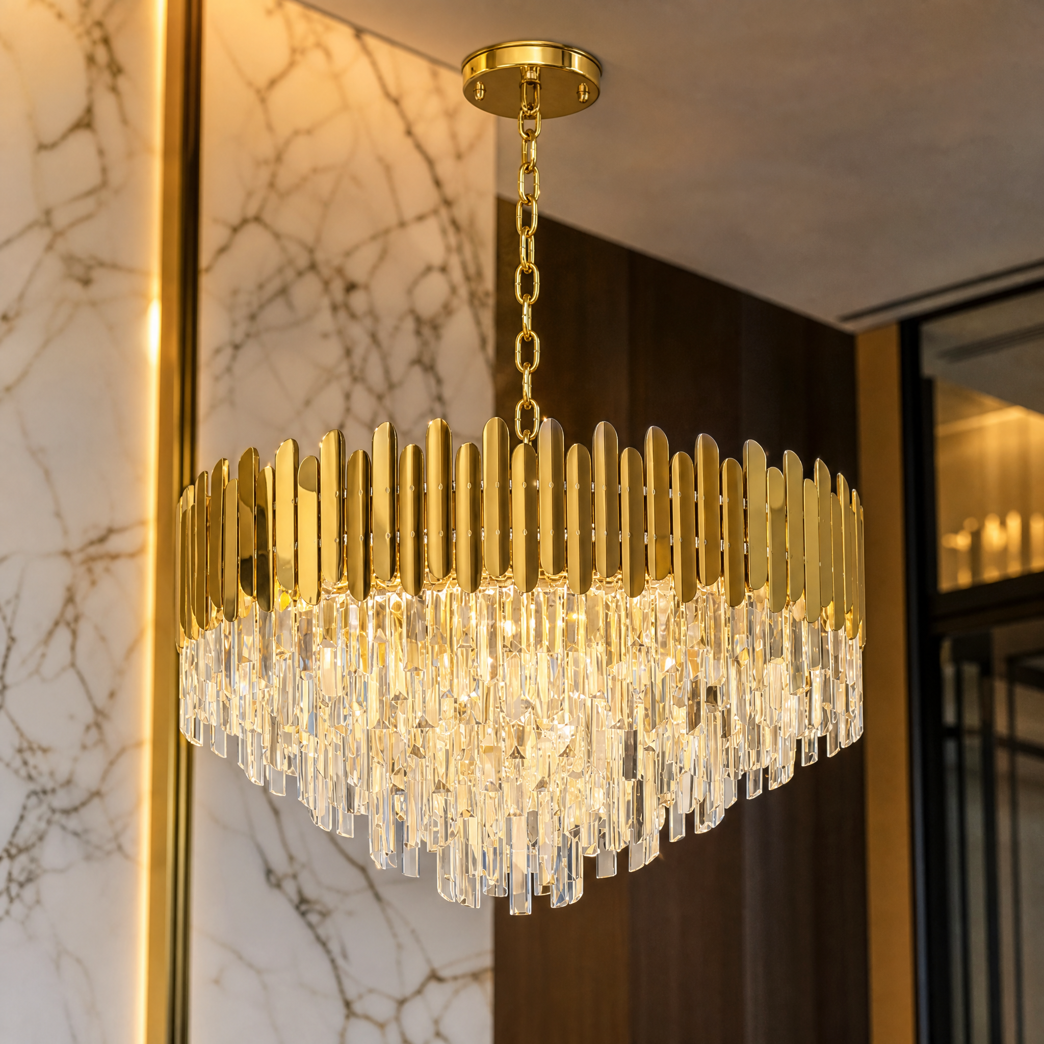 Macro closeup shot highlighting the premium sleek crystal bars and hexagon decorative frame of the VORELLI Manhattan Chandelier II.