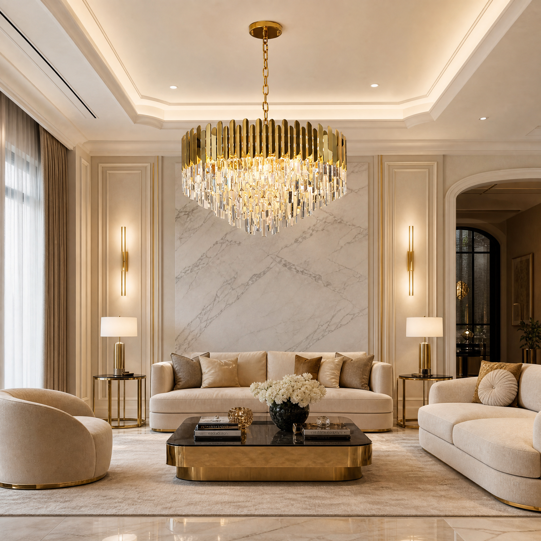 Manhattan Circular Chandelier II by VORELLI installed in a luxury residential dining room, casting an elegant glow.