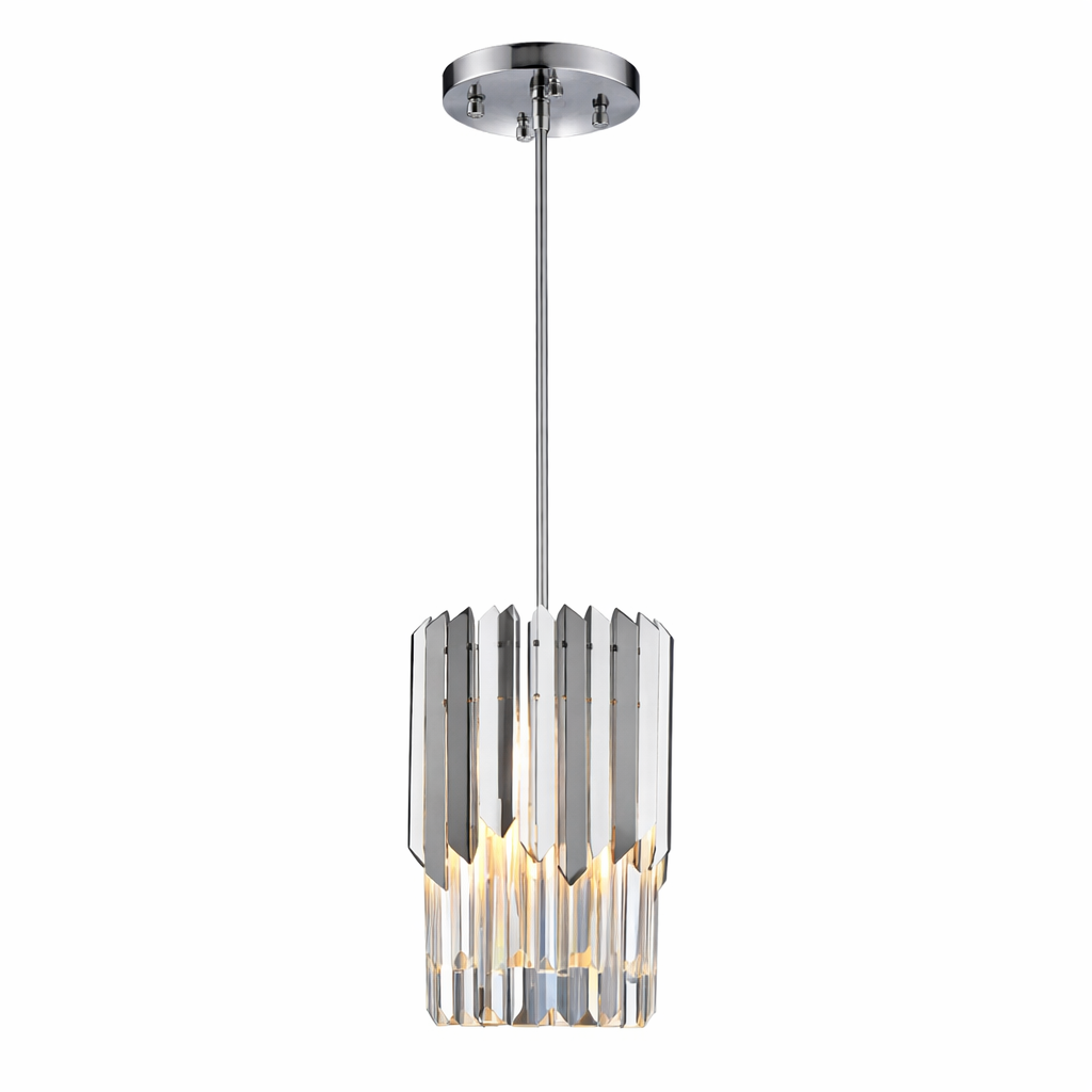 VORELLI Manhattan contemporary hexagonal pendant light showcasing its clean architectural presence and clear crystal prism bars.