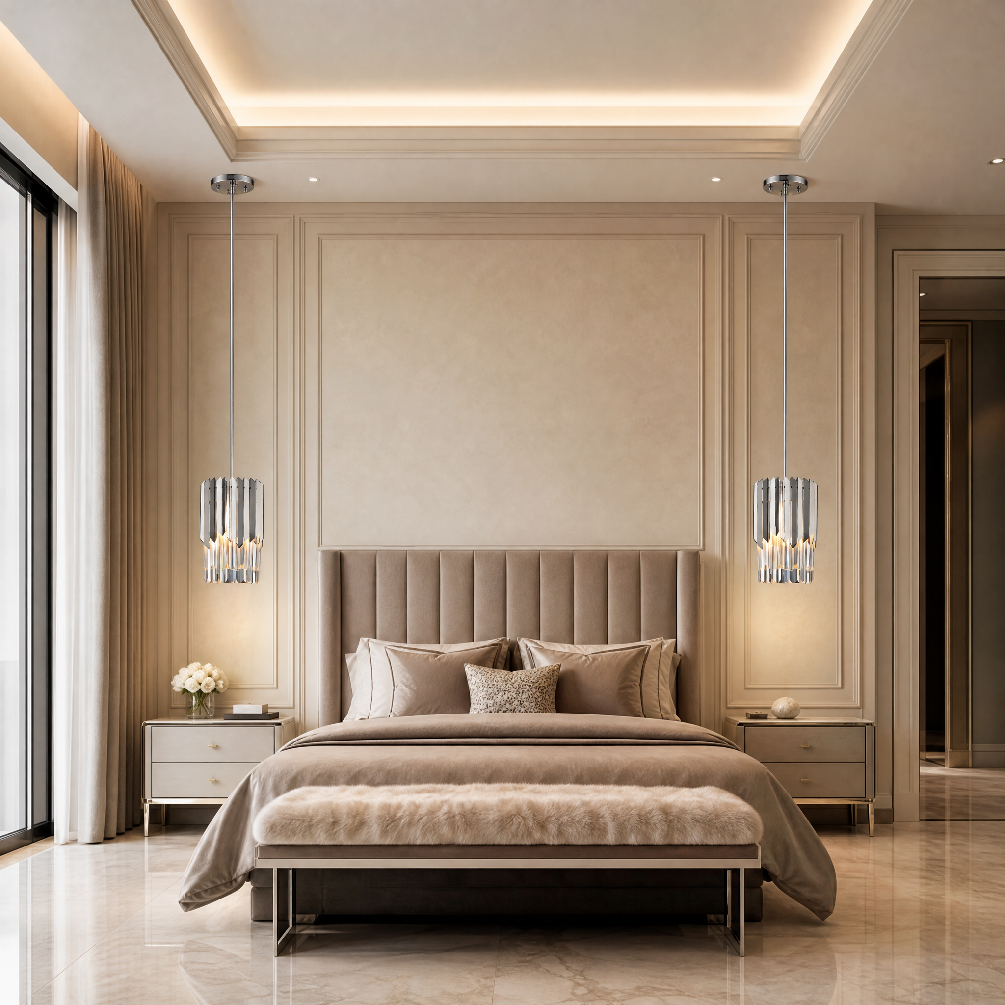 VORELLI Manhattan pendant light hanging above a luxury dining room table, casting a warm ambient glow through its architectural hexagonal frame.