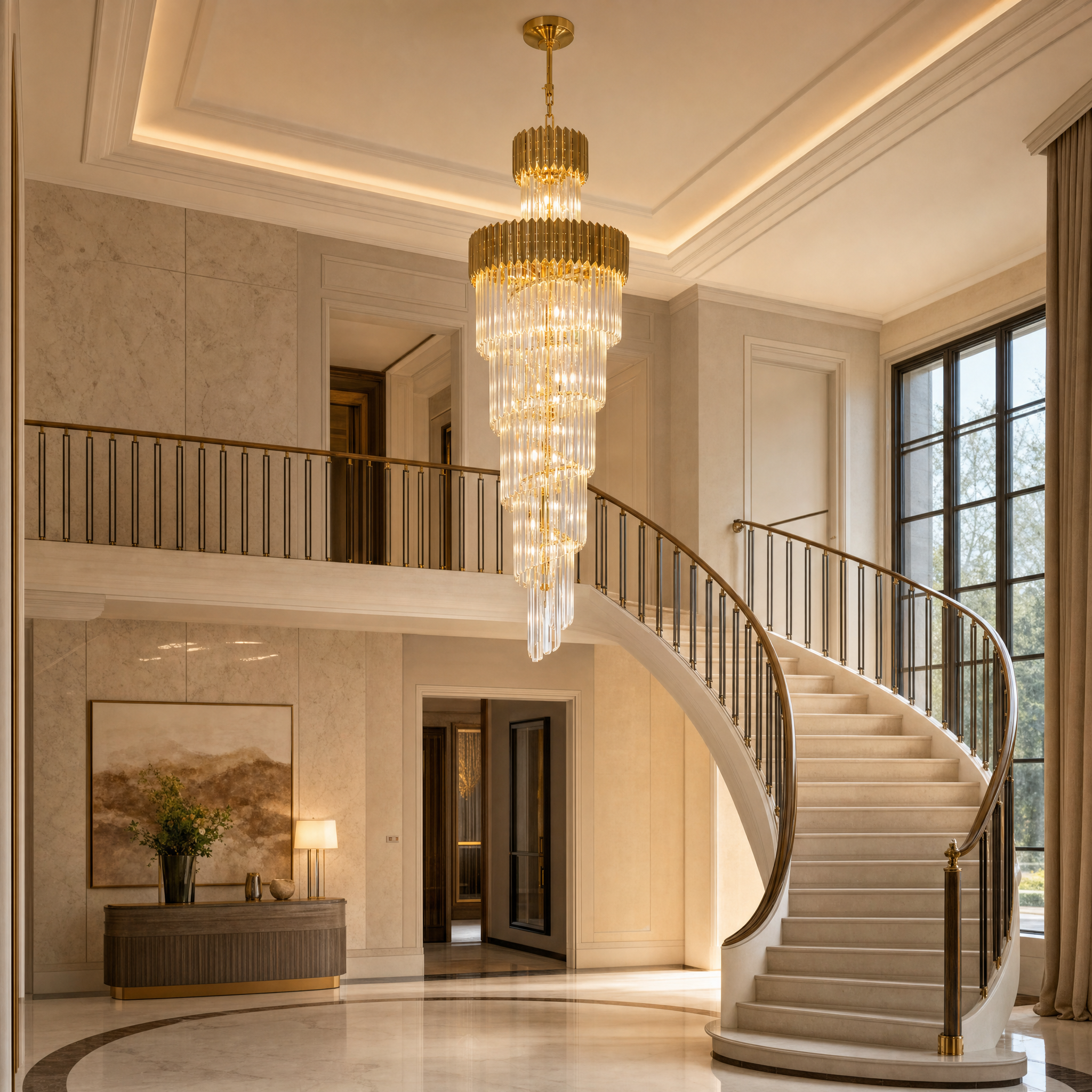 Modern Vorelli Manhattan crystal chandelier creating a sophisticated ambiance in an upscale hospitality lounge or hotel lobby.