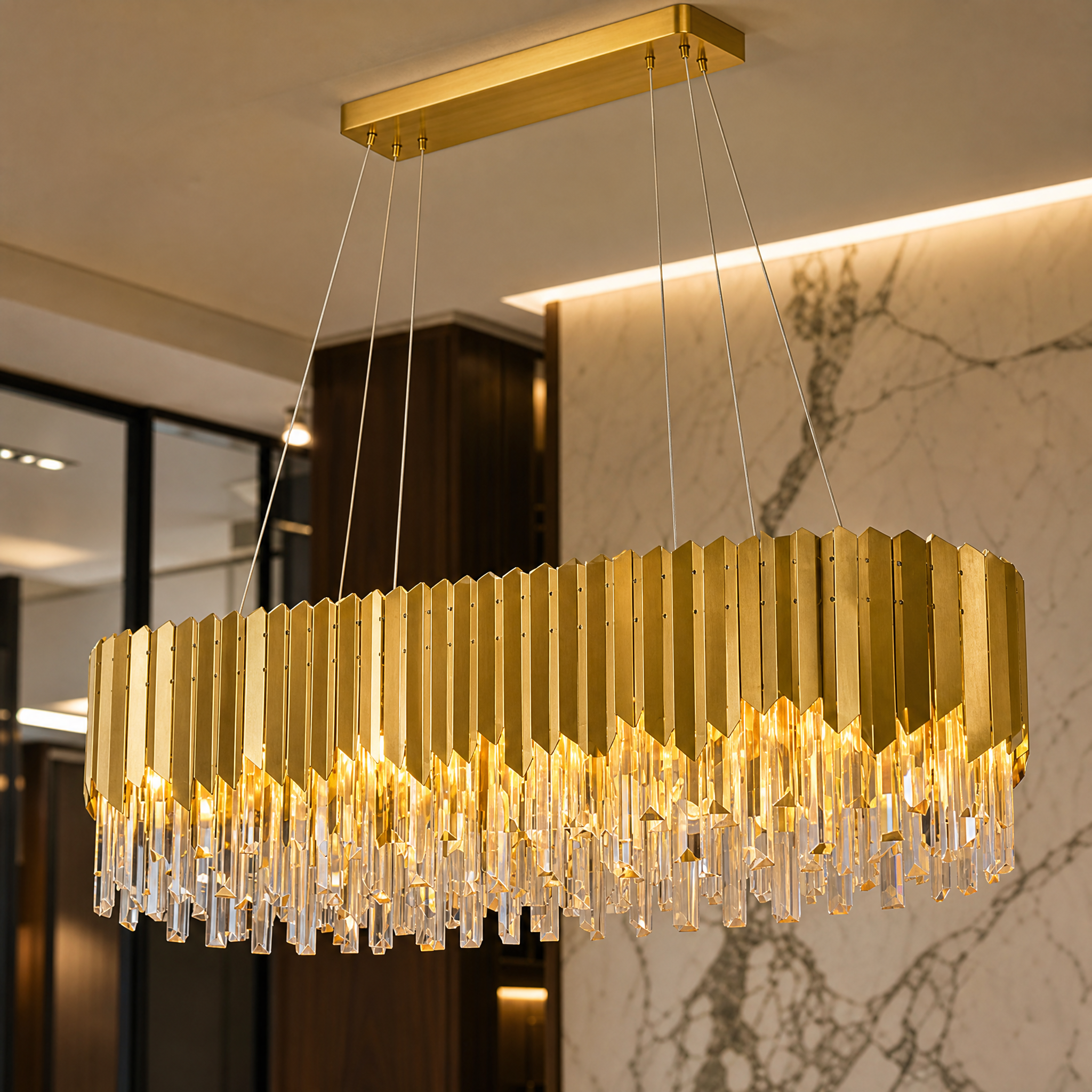 Close-up detail of the VORELLI Manhattan rectangular chandelier showcasing the premium decorative frame and cascading luxury crystal bars.