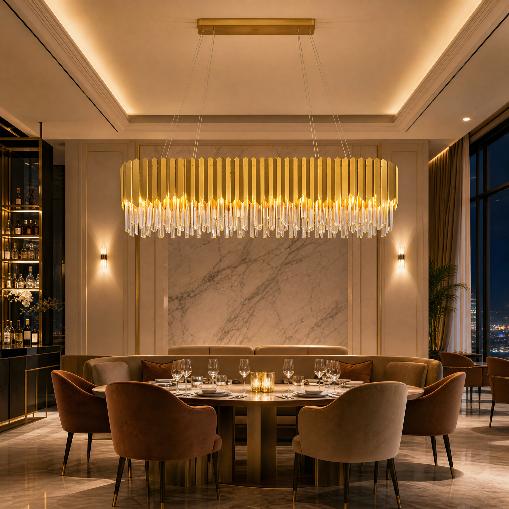 The striking VORELLI Manhattan rectangular crystal chandelier creating a bold focal point in an upscale hotel lobby or grand hospitality space.
