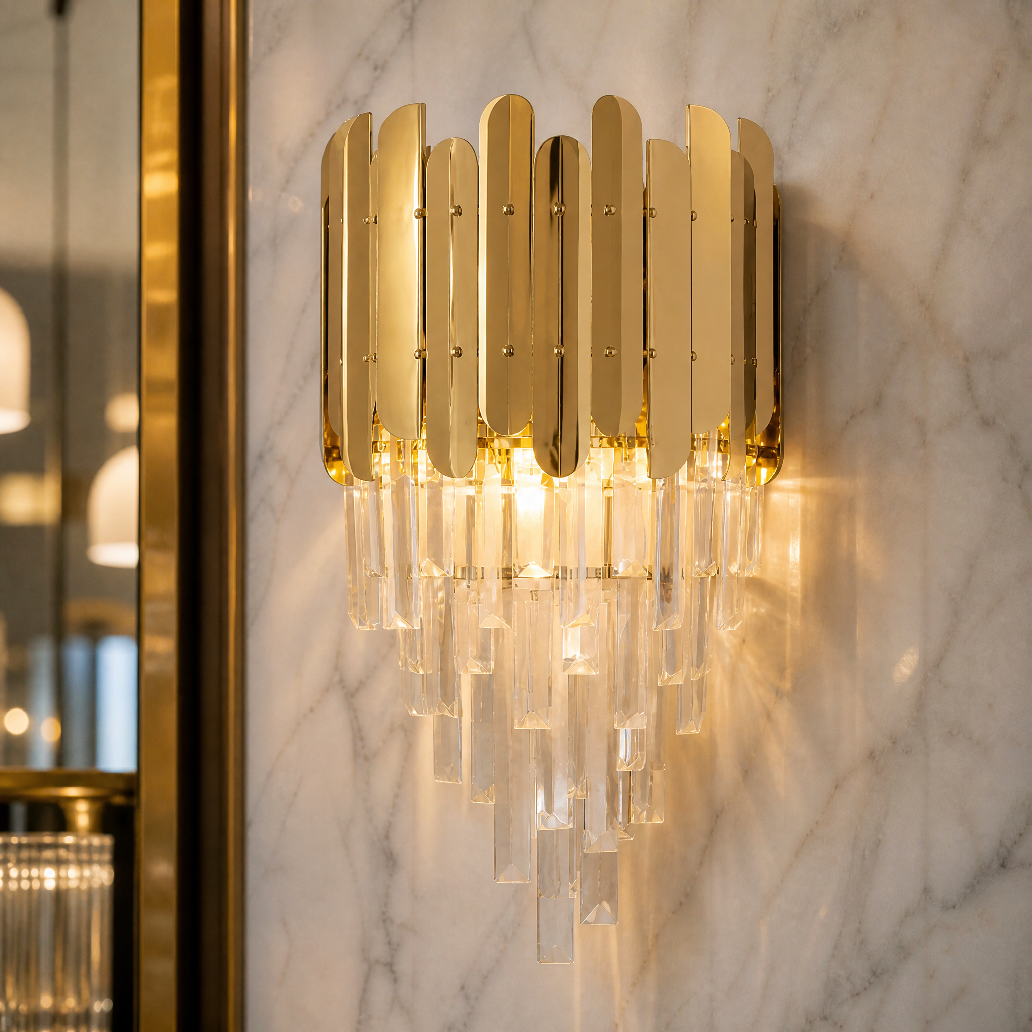 Macro close-up shot of the VORELLI Manhattan Wall Light, focusing on the refined texture of the decorative frame and premium crystal elements.