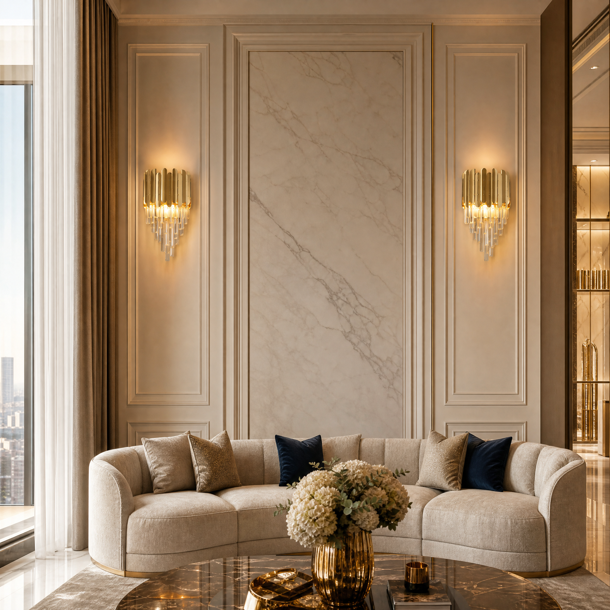 Modern VORELLI Manhattan Wall Light installed in a luxury residential hallway, showcasing the sleek hexagon frame and elegant crystal bars.