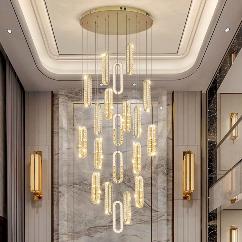 Reflected view of VORELLI Manzoni staircase chandelier within a modern architectural interior