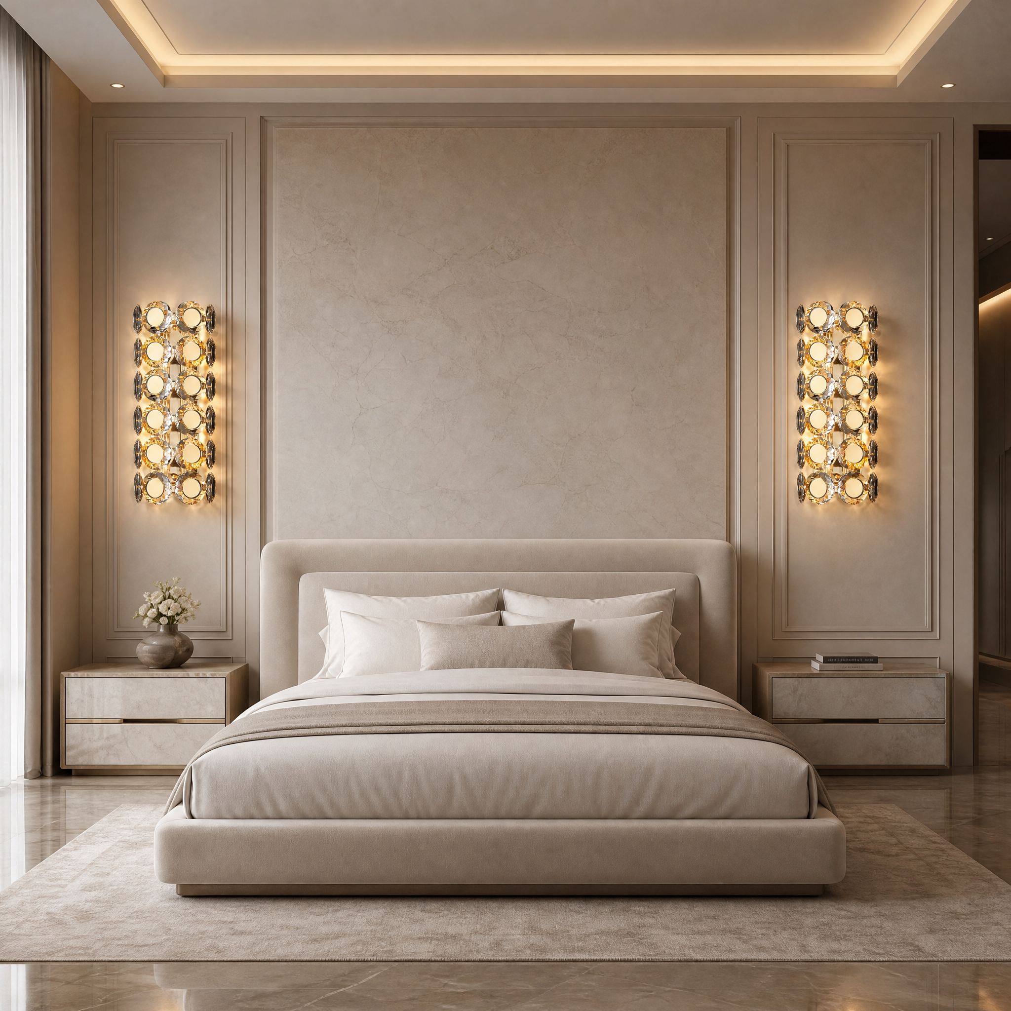 VORELLI Manzoni Wall Light installed in a luxury residential living room, complementing contemporary interior decor.