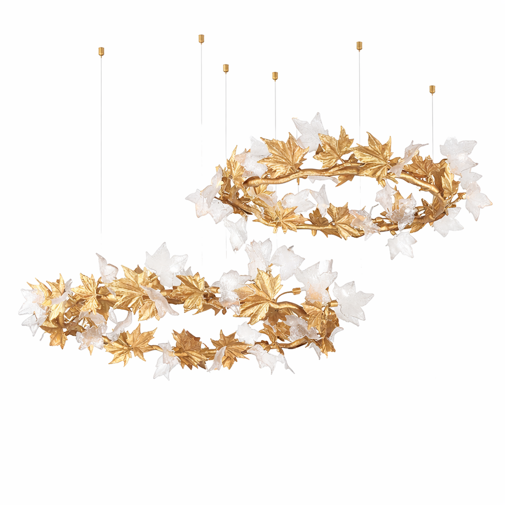VORELLI Maple Grove circular chandelier casting an organic silhouette of metal leaves against a minimalist ceiling backdrop, evoking a sophisticated autumn mood.