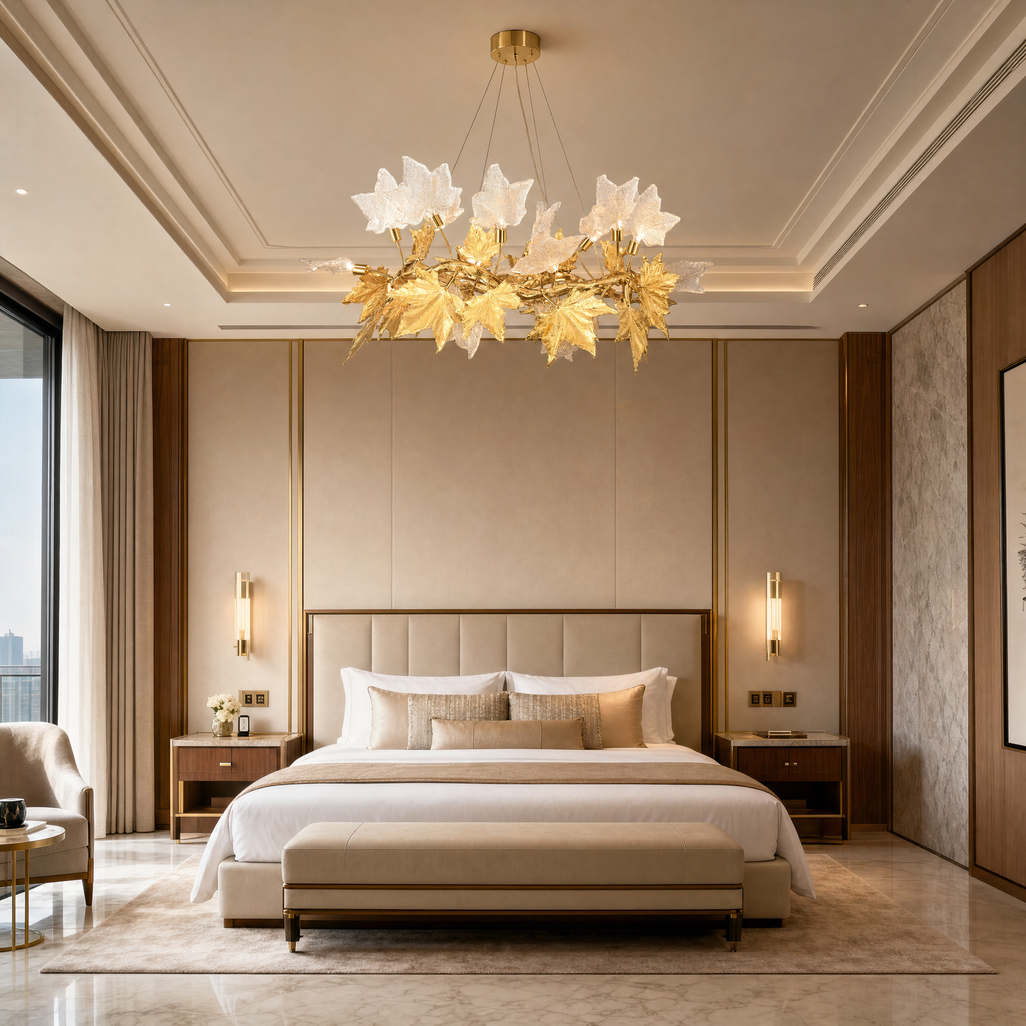 A grand hospitality interior featuring the VORELLI Maple Grove Circular Chandelier II, showcasing its refined silhouette and sculpted leaf details in a luxury boutique hotel lobby.