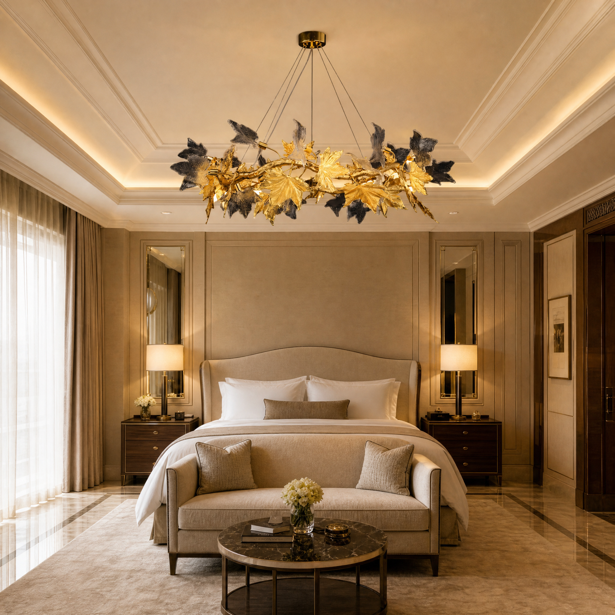 An upscale boutique hotel lobby featuring the sculptural VORELLI Maple Grove Circular Chandelier III, creating an artistic and welcoming hospitality ambiance.