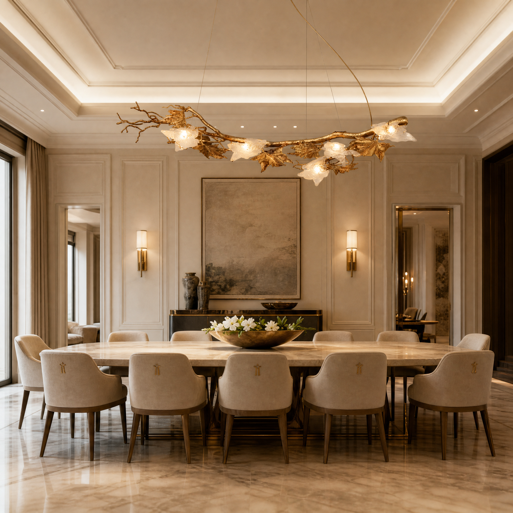 VORELLI Maple Grove rectangular chandelier hanging above an elegant dining table in a luxury residential setting.