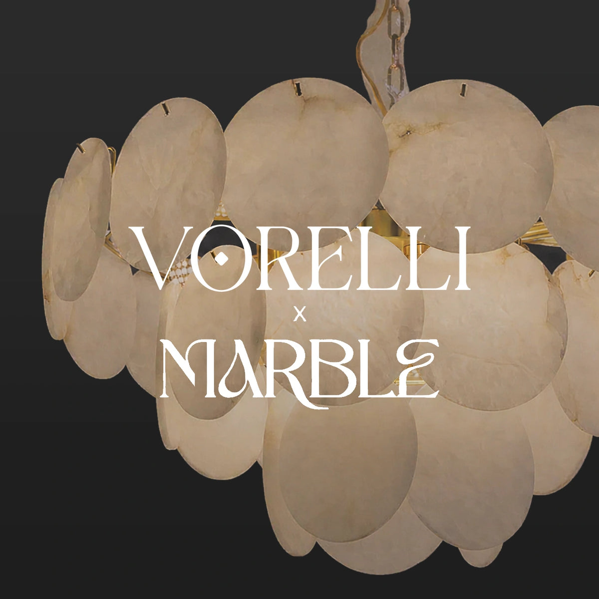 VORELLI® x Marble lighting collection — chandelier with layered pale stone discs.