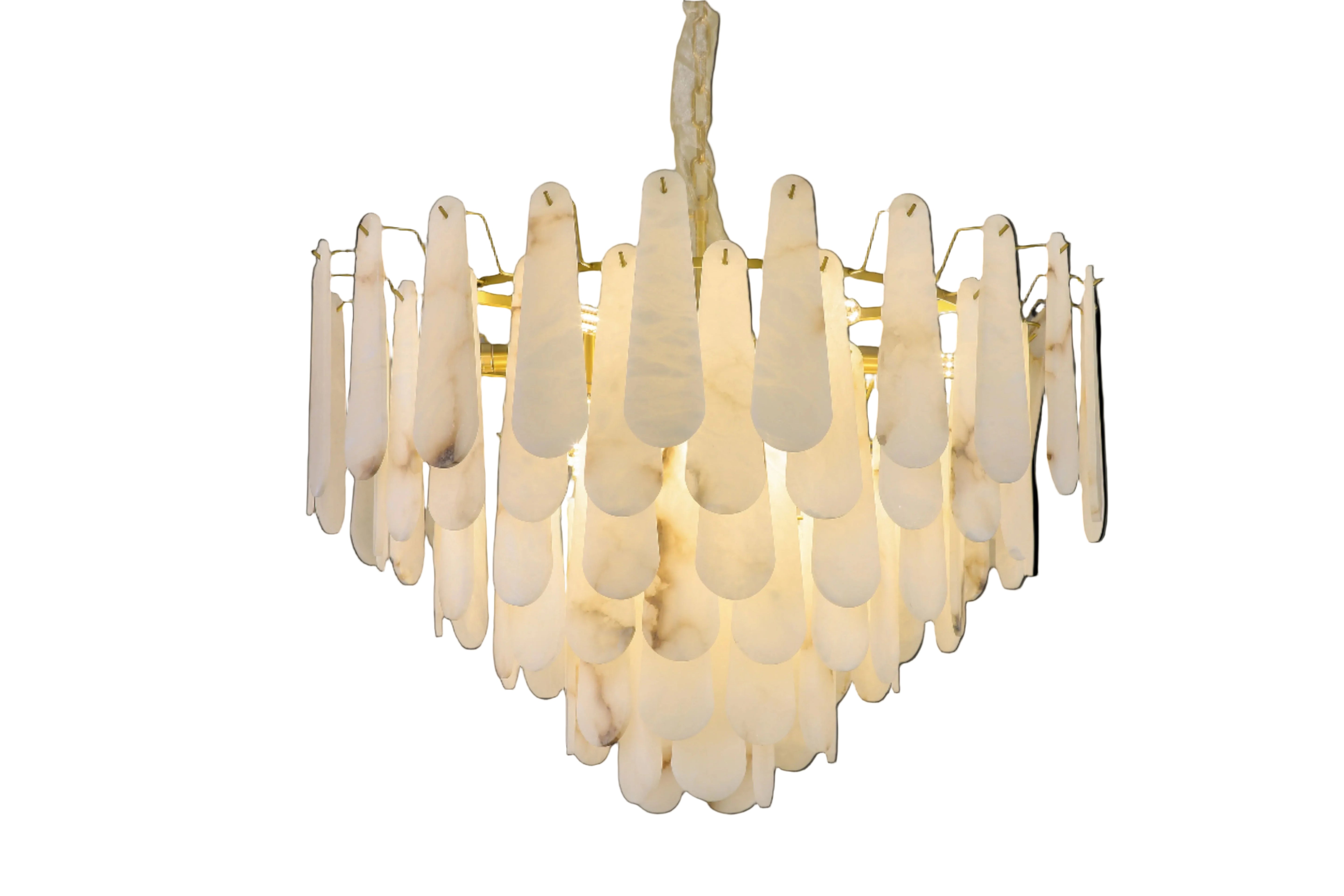 VORELLI Maretto marble circular chandelier featuring cascading layered marble elements forming a refined luxury ceiling light
