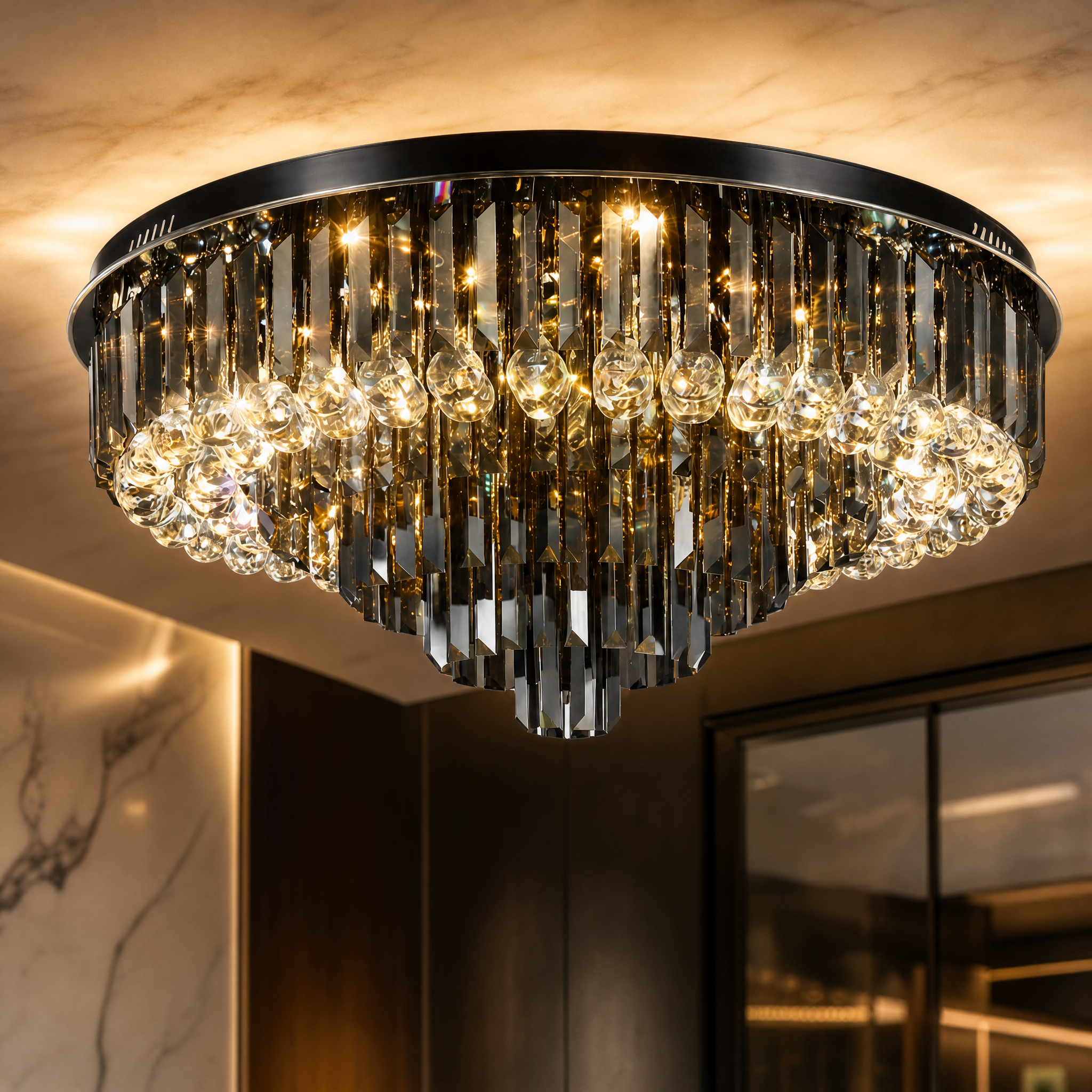 A detailed closeup of the VORELLI Margoux ceiling light, highlighting the intricate arrangement of elegant crystal bars and spheres.