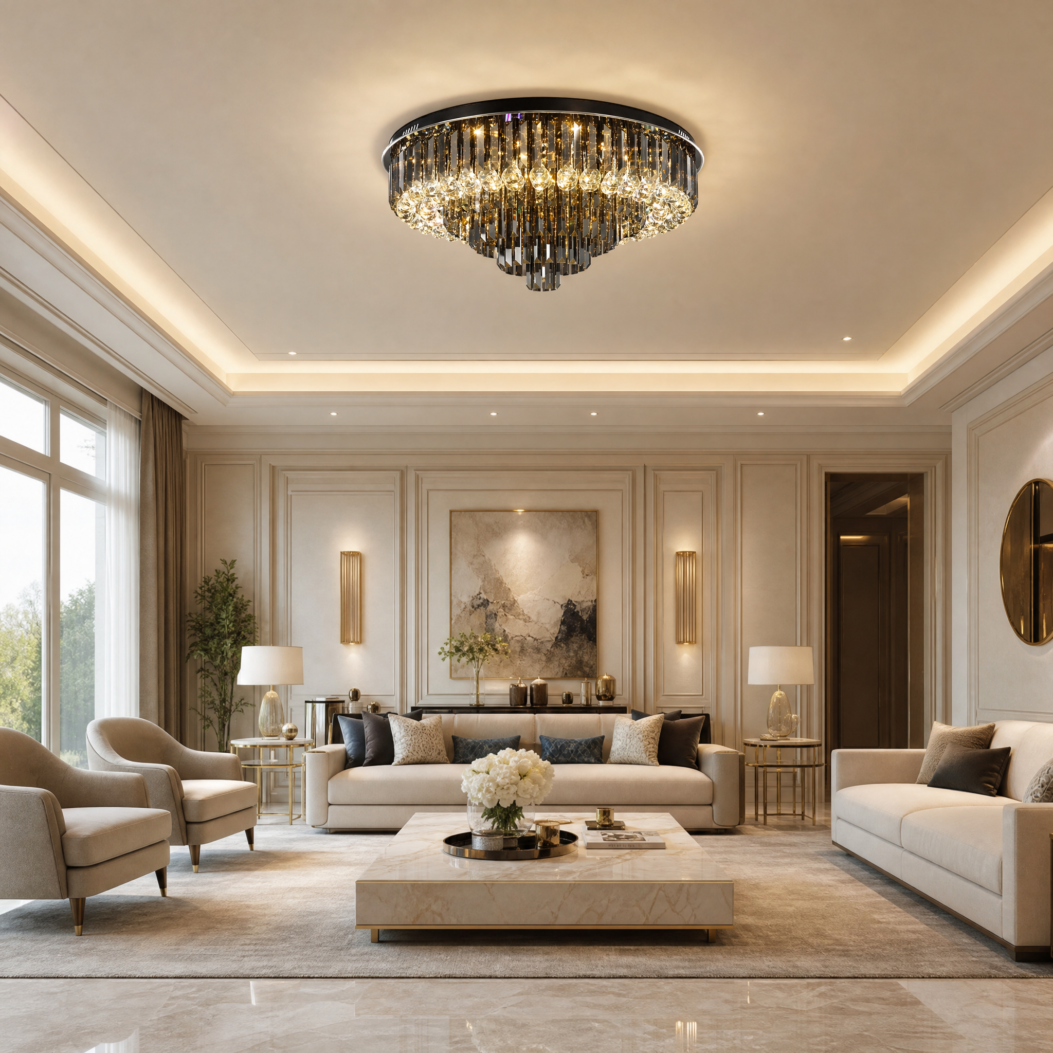 The VORELLI Margoux crystal ceiling light illuminating a luxury residential living room, casting a warm and sophisticated glow over elegant furnishings.