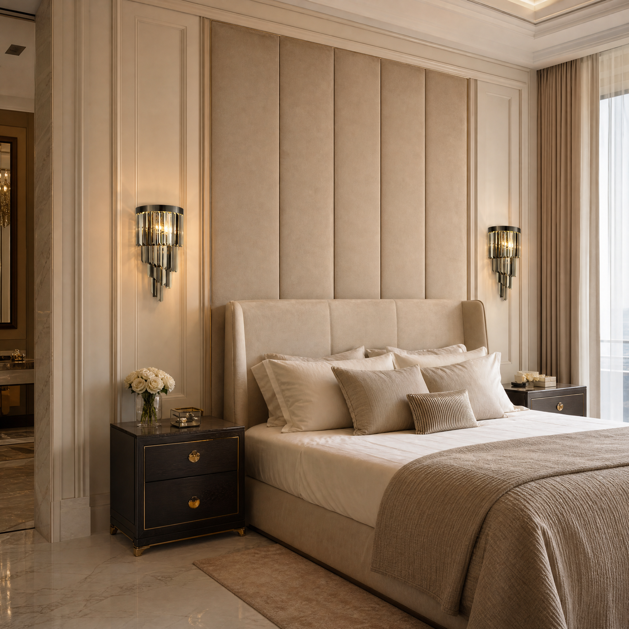 VORELLI Margoux Wall Light installed in a luxury residential living room, casting a warm, serene glow through sleek crystal bars.