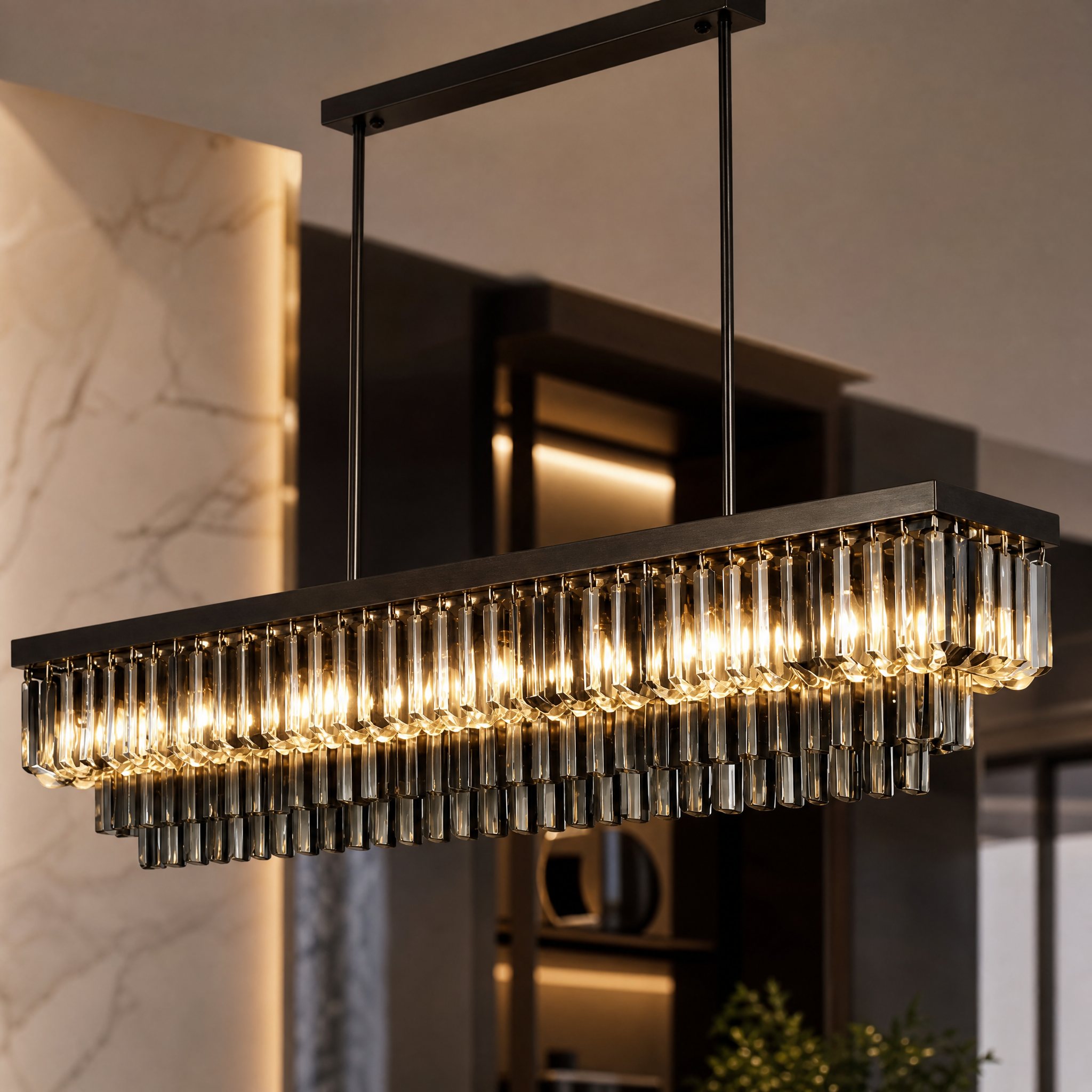A detailed closeup of the VORELLI Margoux rectangular chandelier, highlighting the stunning combination of precision-cut crystal bars and spheres.