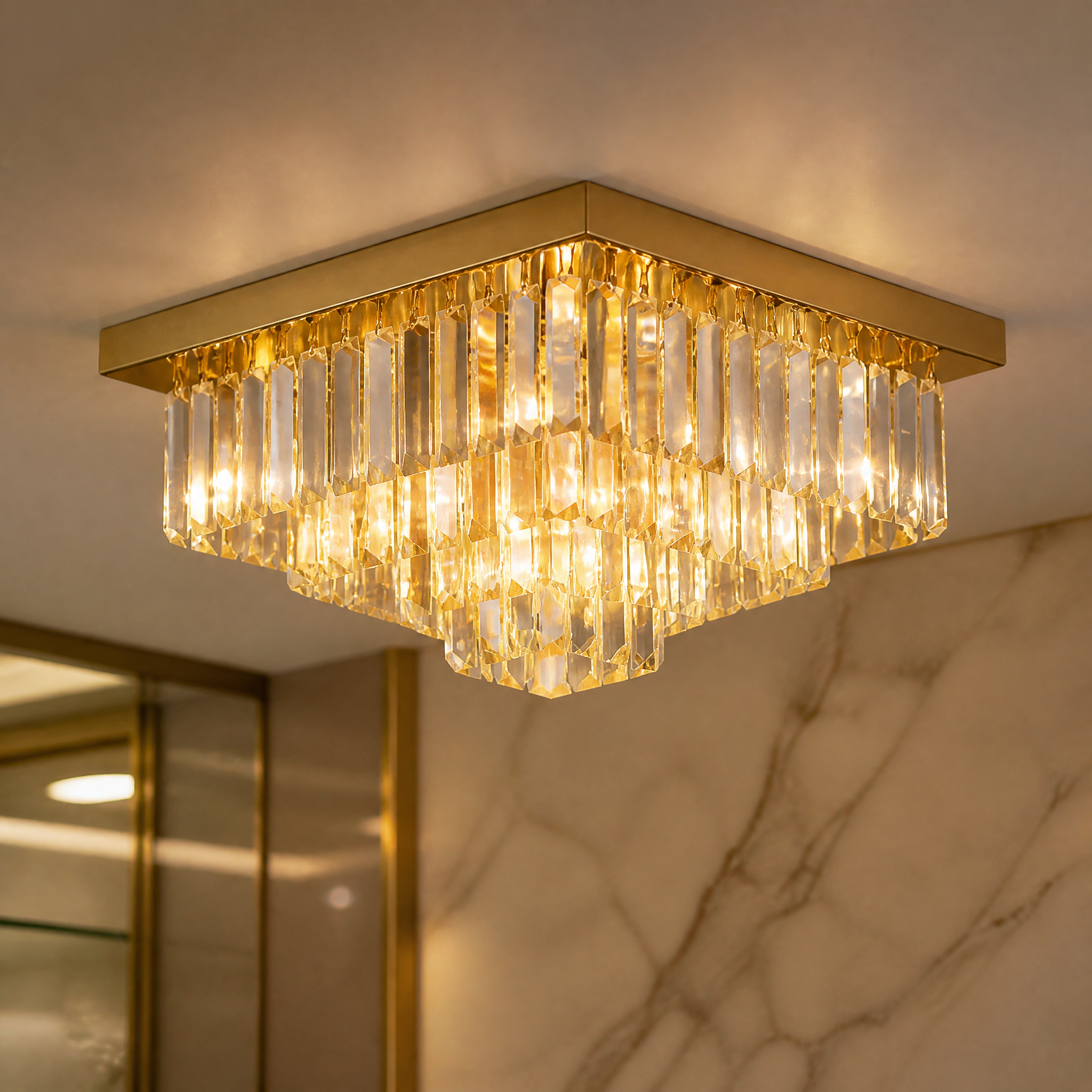 Macro closeup of the VORELLI Margoux square ceiling light showcasing the intricate details of its premium cascading crystal bars.