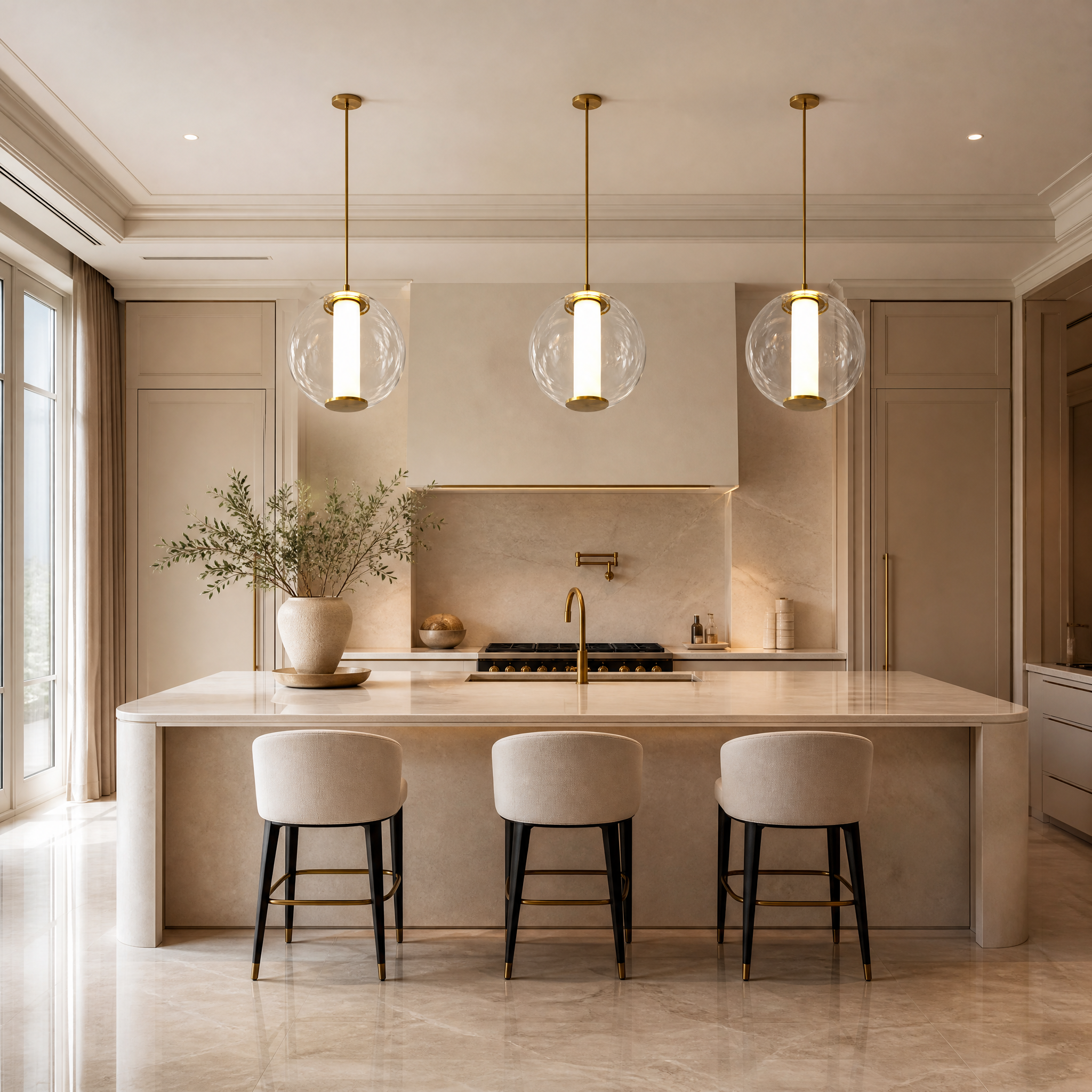 Maximus Marble Pendant Light by VORELLI hanging in a luxury residential dining room with modern decor.
