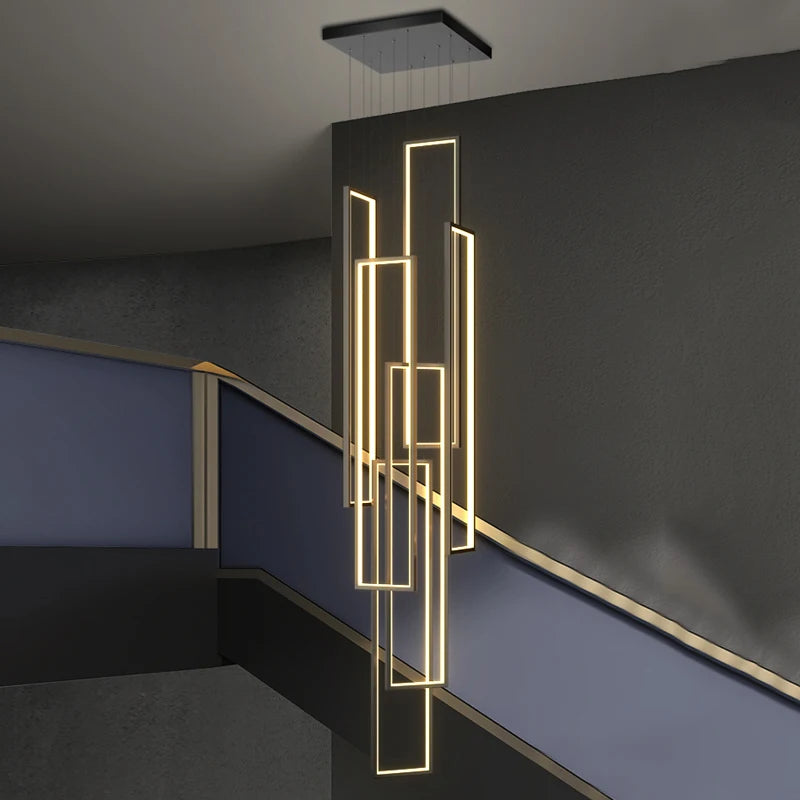 Designer VORELLI® Mayfair stairwell chandelier creating elegant contemporary lighting within a refined architectural space