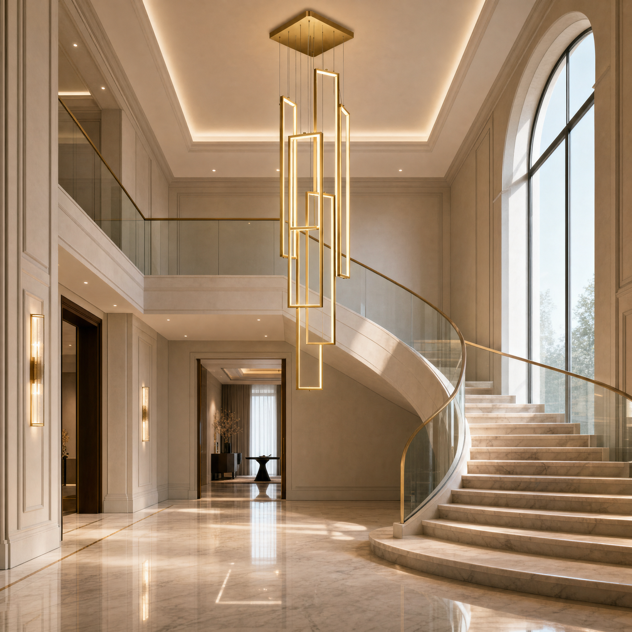 VORELLI Mayfair pendant staircase chandelier illuminating a modern luxury residential home with a warm, seamless LED glow.