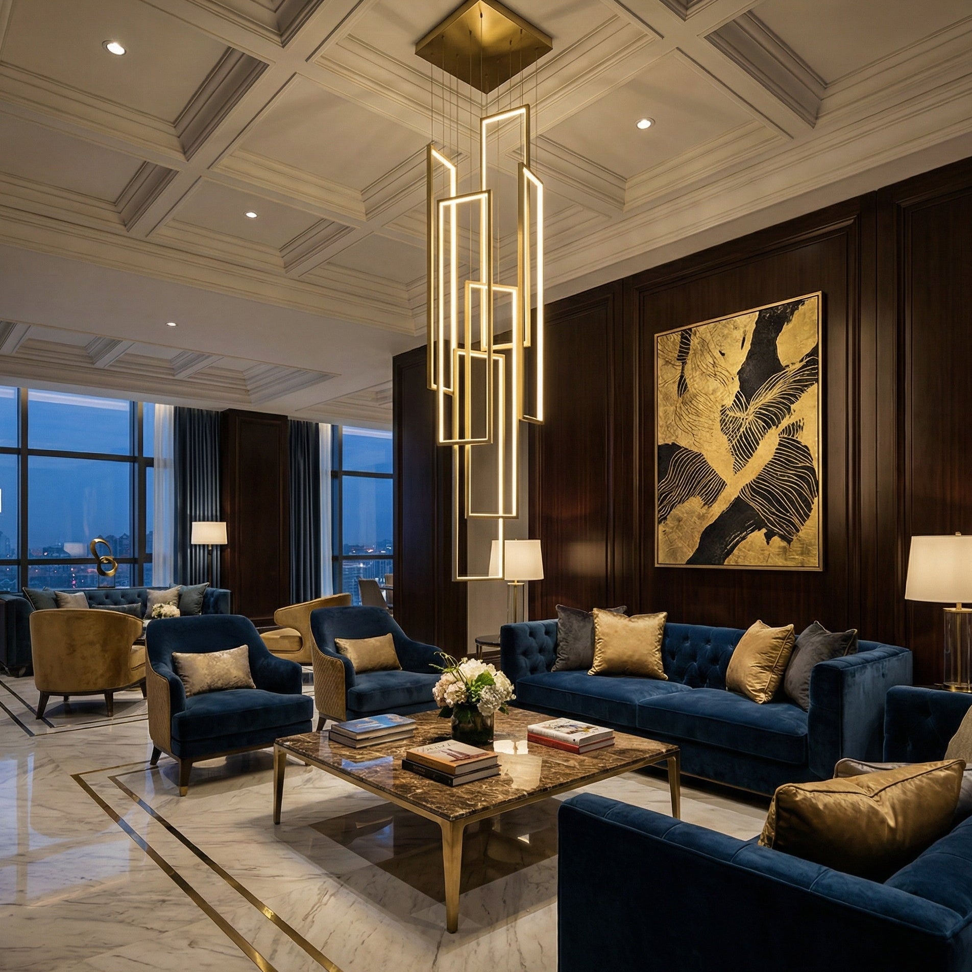 VORELLI® Mayfair pendant staircase chandelier with modern rectangular LED frames illuminating a luxury living interior