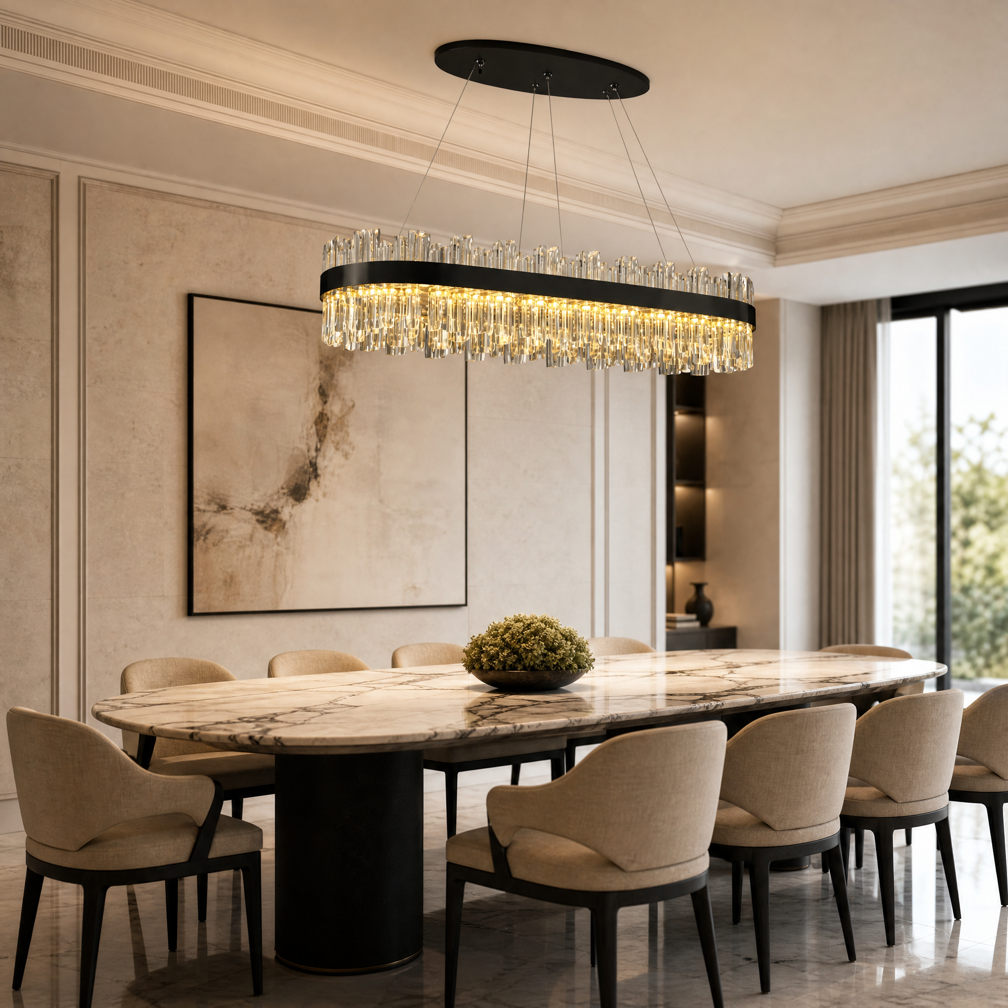 The VORELLI Medina rectangular crystal chandelier illuminates a luxury modern residential dining room, casting dynamic light and shadow play over an elegant table setting.