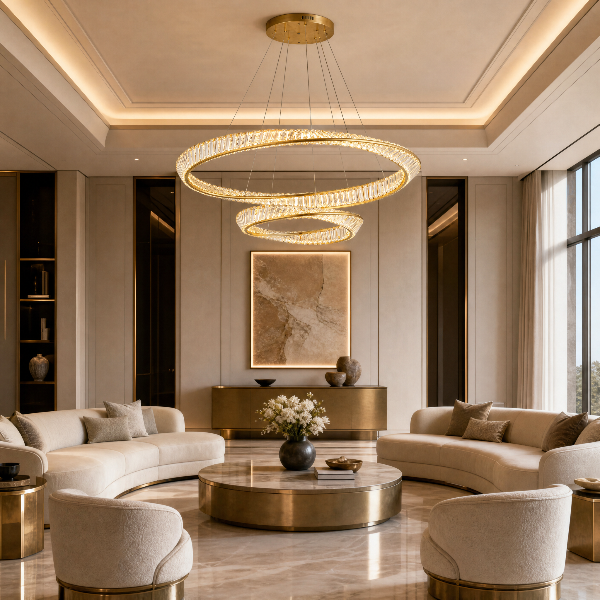VORELLI Melia double circular crystal chandelier casting a warm, radiant glow over a sophisticated residential living space.