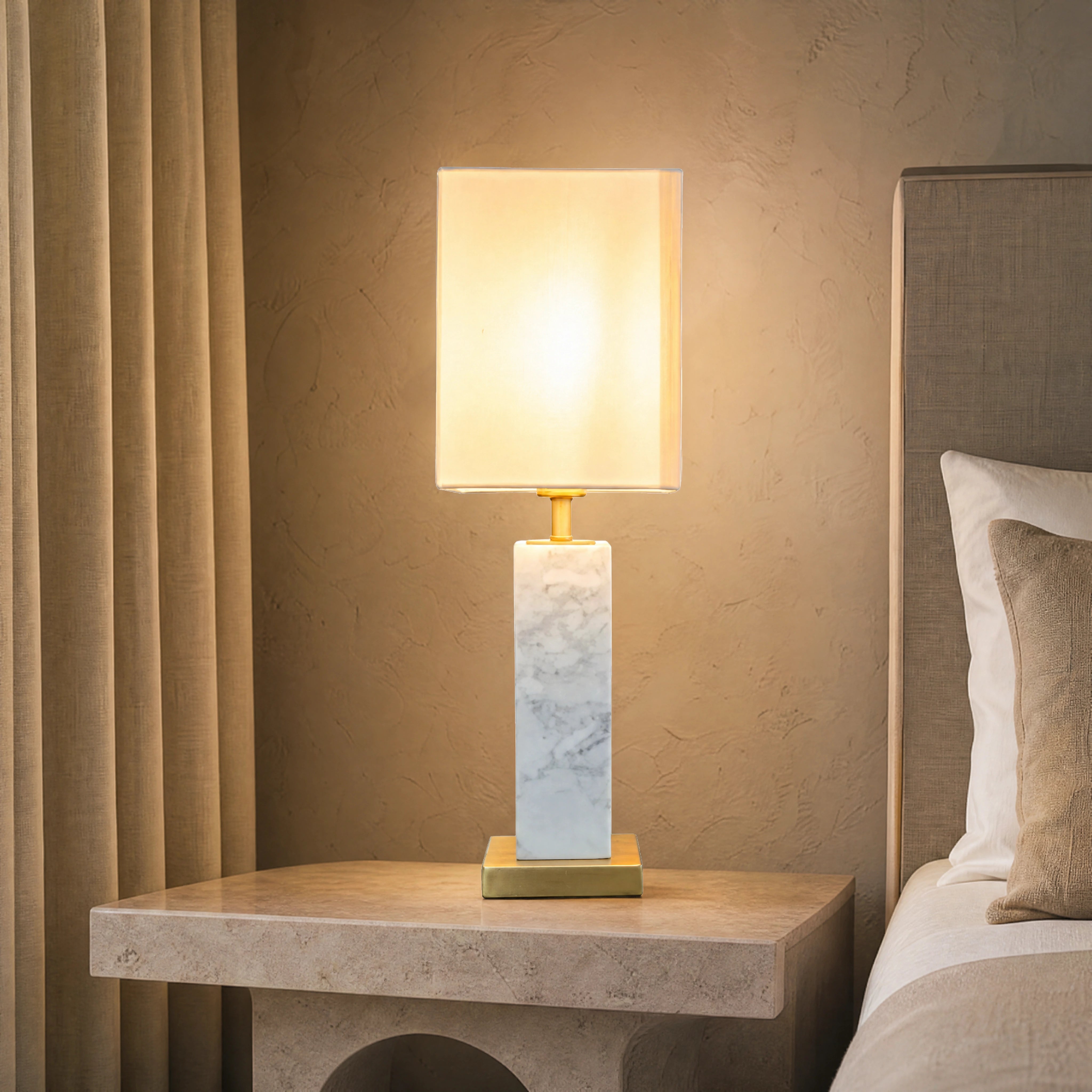 Micevo White Marble Column Table Lamp close-up luxury lifestyle hero image by VORELLI