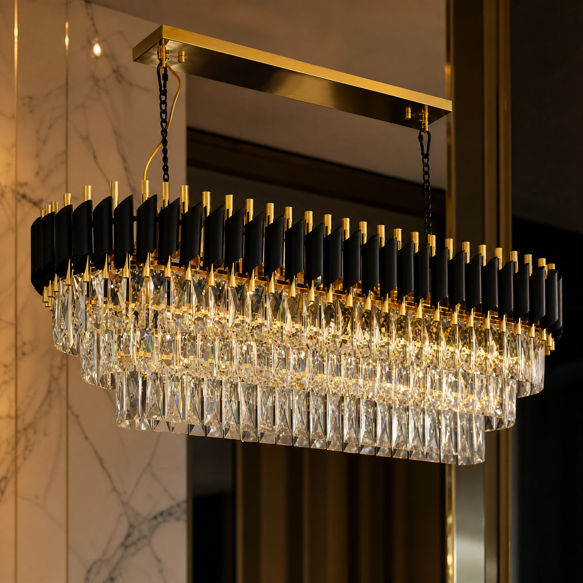Detailed close-up of the VORELLI Milltimber chandelier highlighting the striking rectangle crystals and high-quality sleek cylinder tubing.
