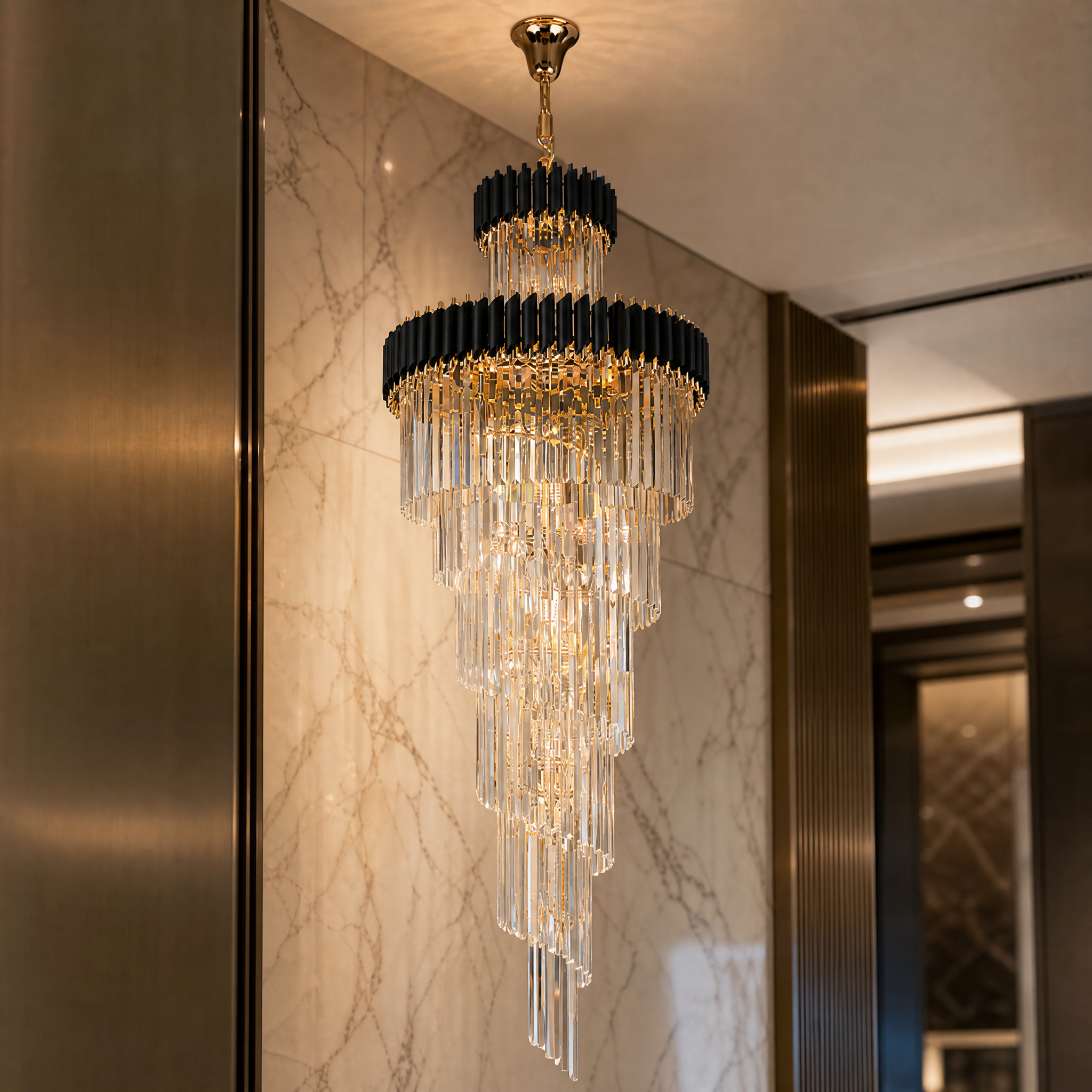 A detailed closeup shot of the VORELLI Milltimber chandelier, highlighting the refined finish of its sleek cylinder tubing and sophisticated craftsmanship.