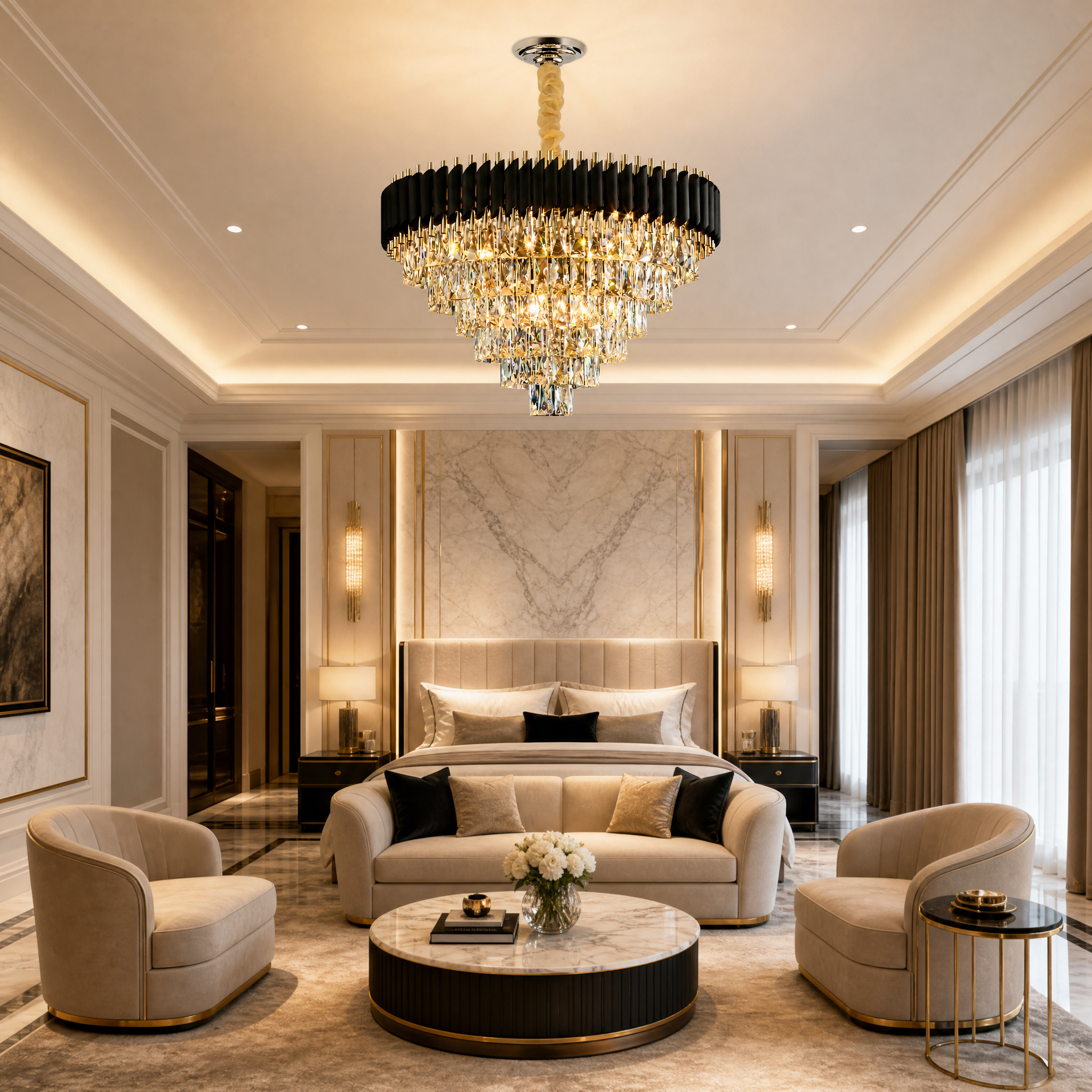 VORELLI Milltimber circular crystal chandelier hanging in a grand hospitality lobby, creating a sophisticated and captivating ambiance.