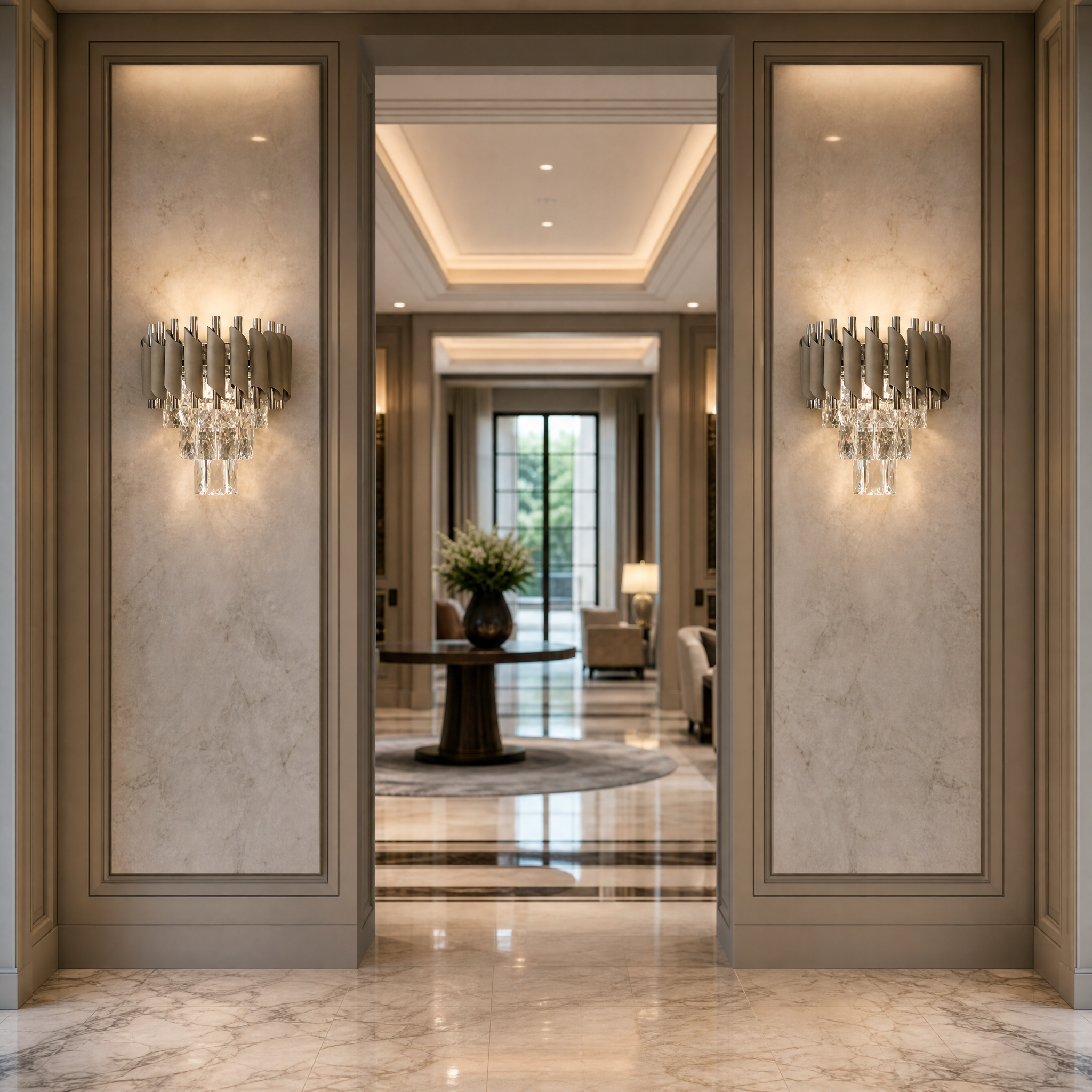 A row of VORELLI Milltimber crystal wall sconces illuminating a sophisticated hotel lobby hallway, creating a refined and upscale atmosphere for guests.