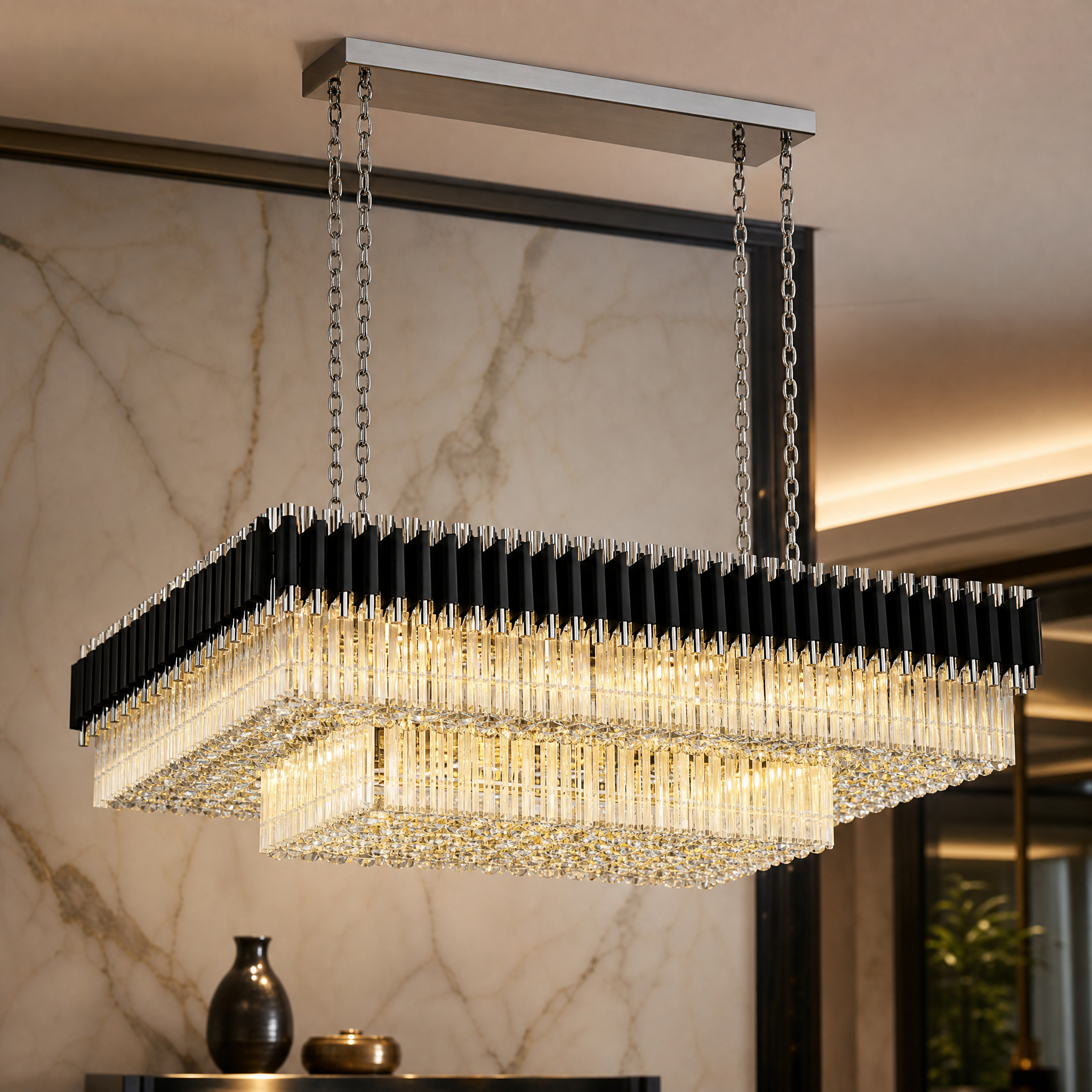 Detailed macro view of the cascading tiers and premium diamond-cut crystals on the VORELLI Milltimber Grandeur Rectangular Chandelier.