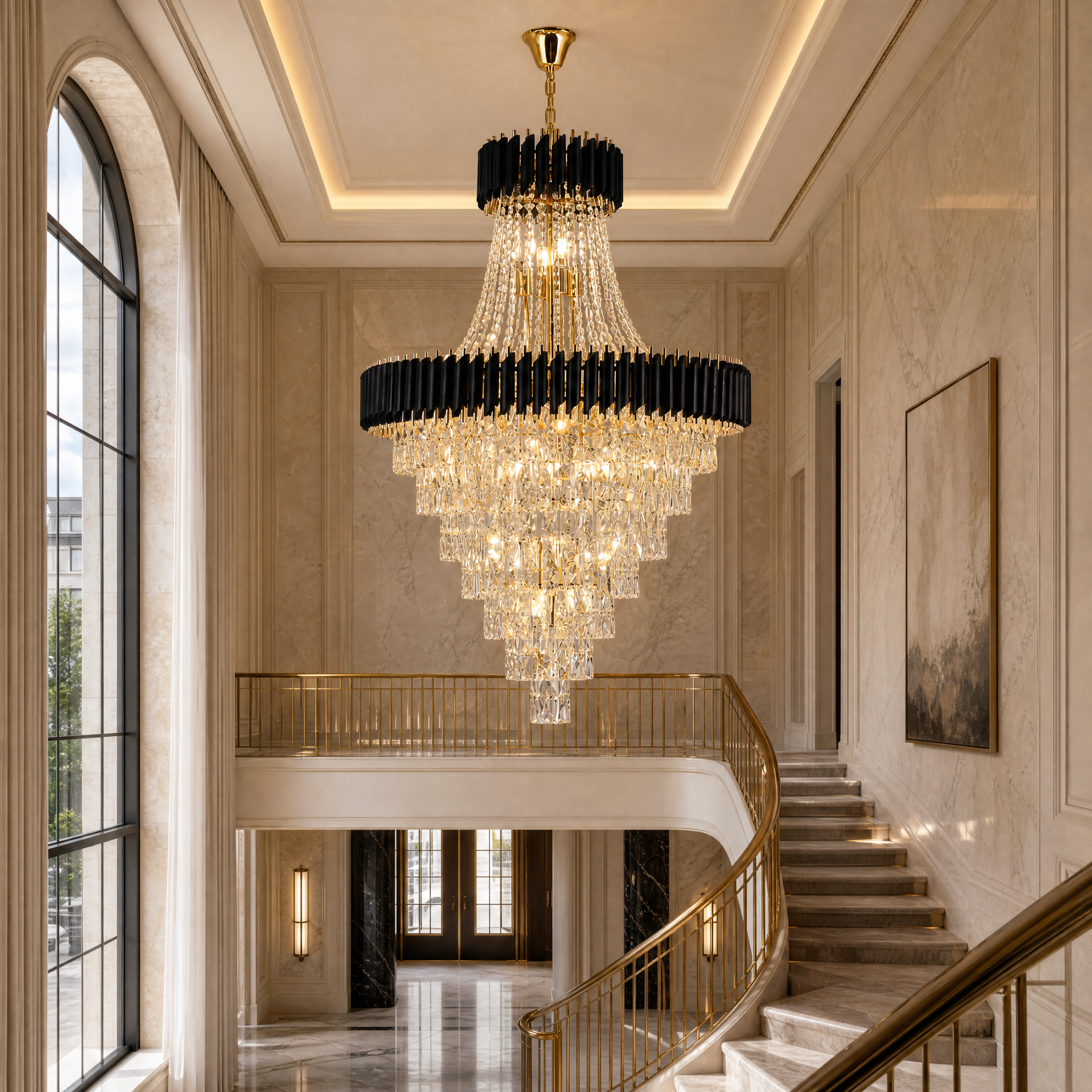 An opulent VORELLI Milltimber Grandeur statement chandelier installed in a high-end hospitality setting, casting a warm luxury glow over a hotel grand lobby.