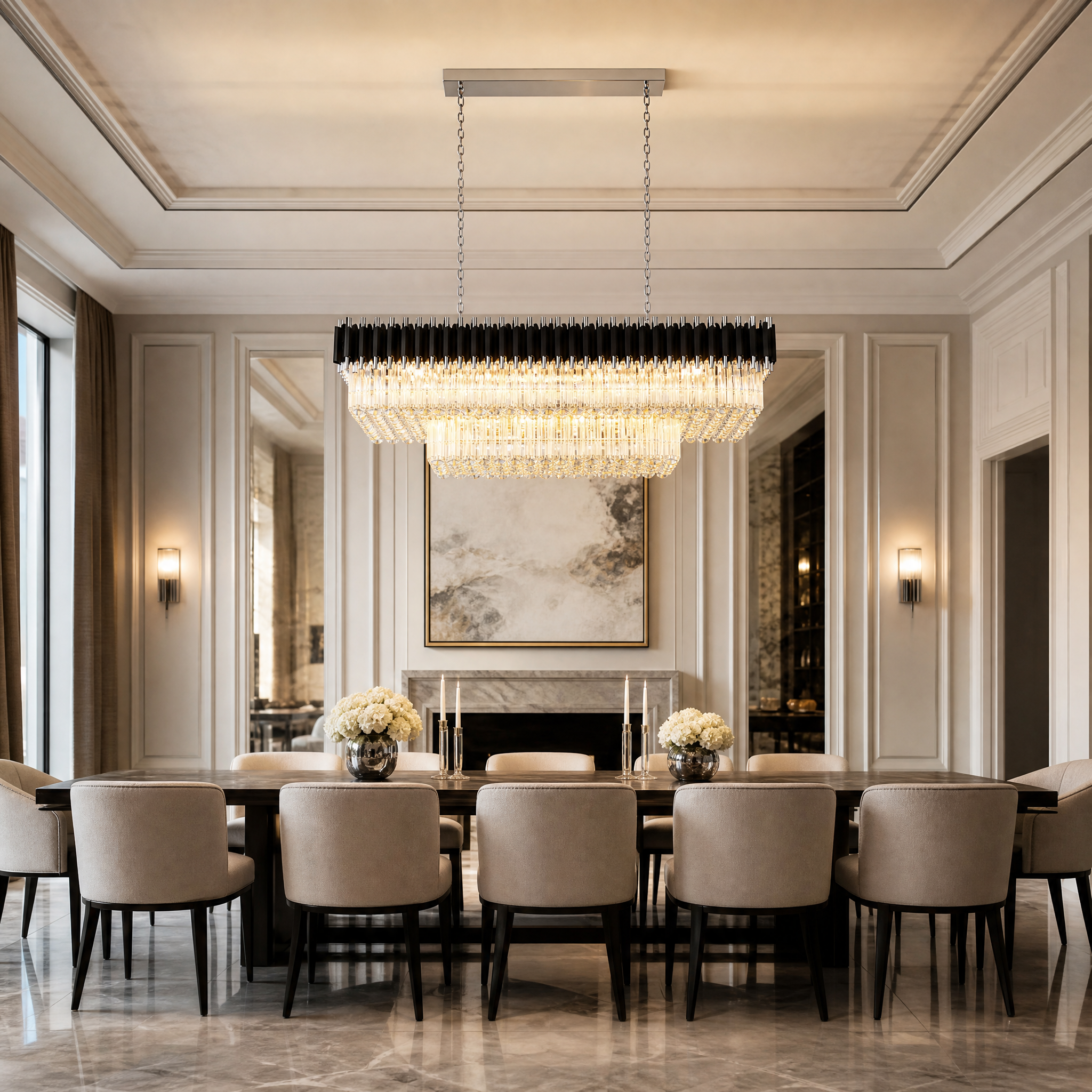 VORELLI Milltimber Grandeur Rectangular Chandelier installed over a contemporary dining table in a luxury residential home, casting a warm ambient glow.