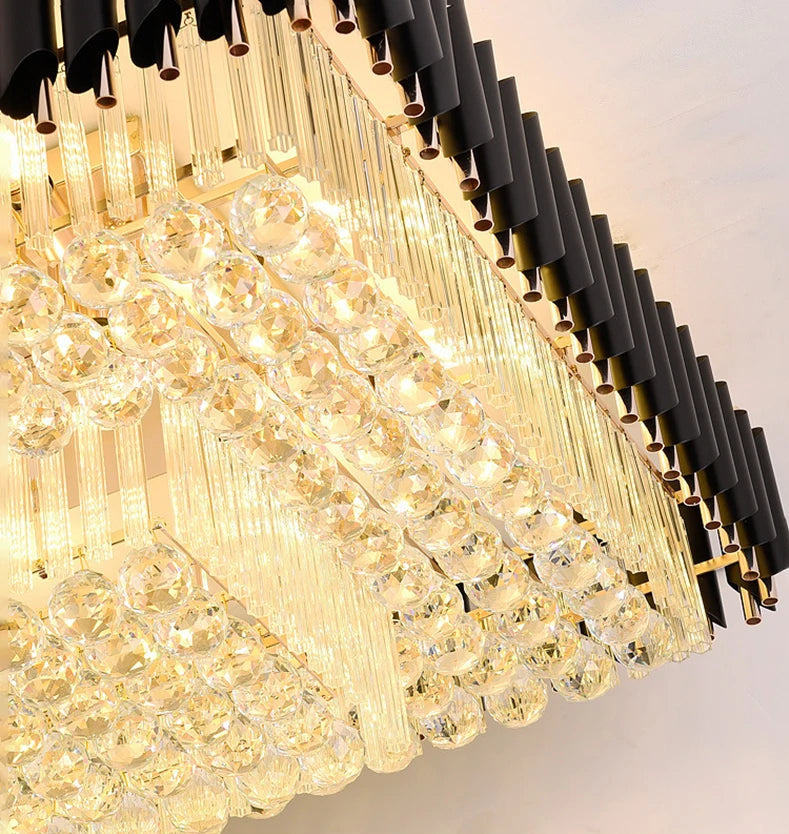 Close-up of layered diamond-cut crystal tiers on the VORELLI Milltimber Grandeur rectangular ceiling light