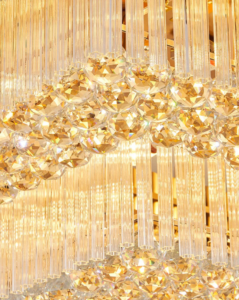 Detailed view of cascading crystal strands on the VORELLI Milltimber Grandeur rectangular ceiling light